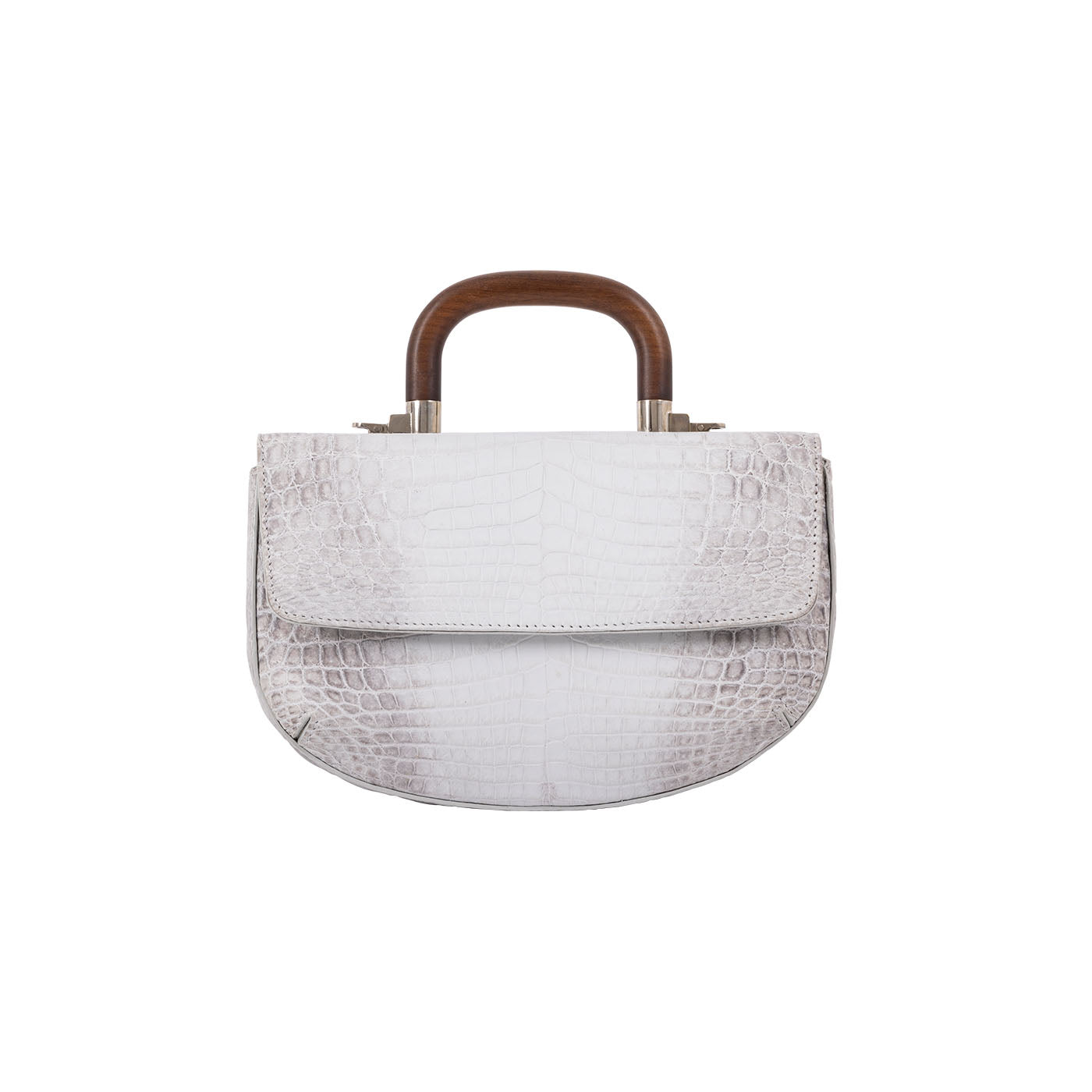 Front of a white crocodile handbag with a wooden handle on a white background
