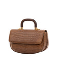 Side of brown crocodile handbag with a wooden handle on a white background
