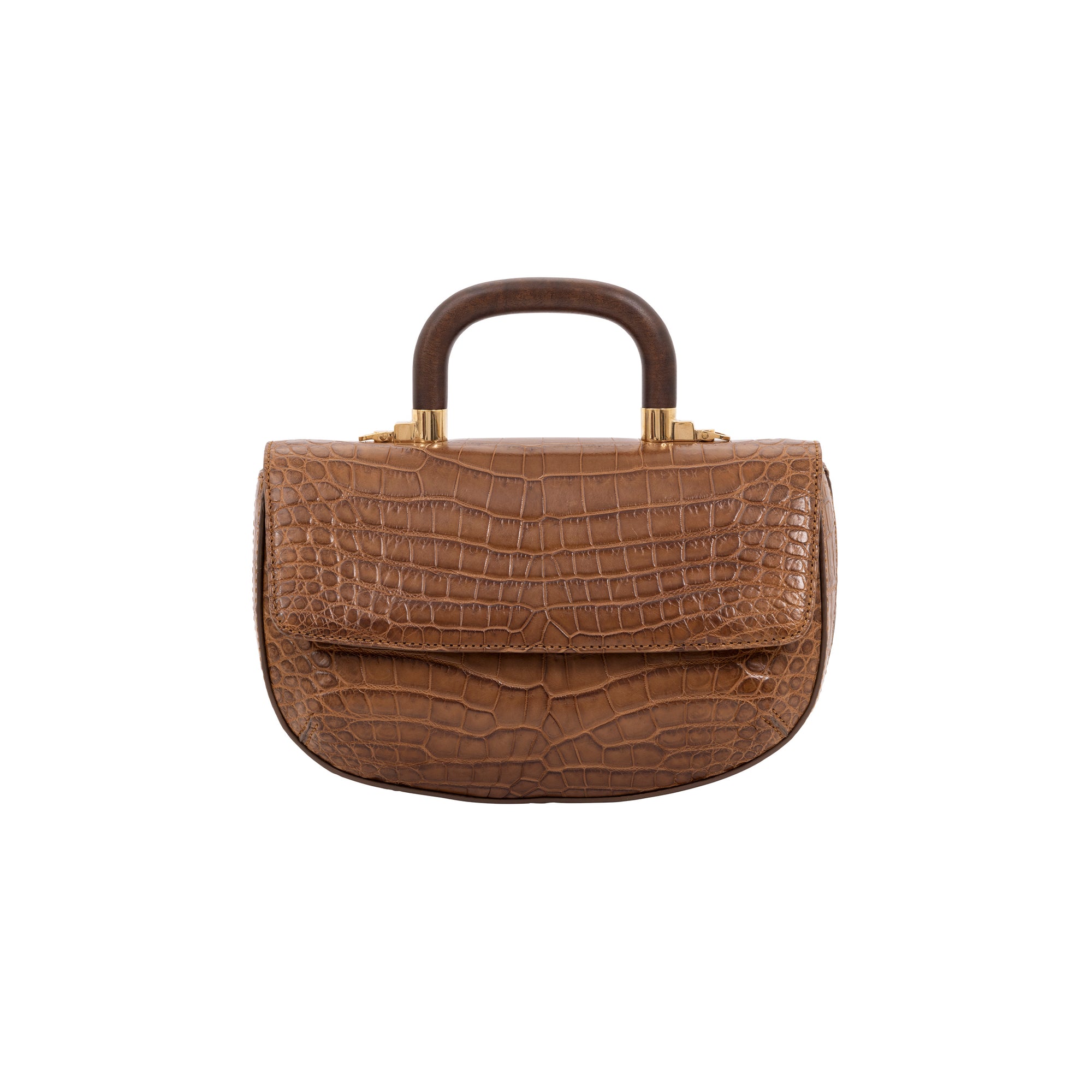 Front of brown crocodile-patterned handbag on a white background