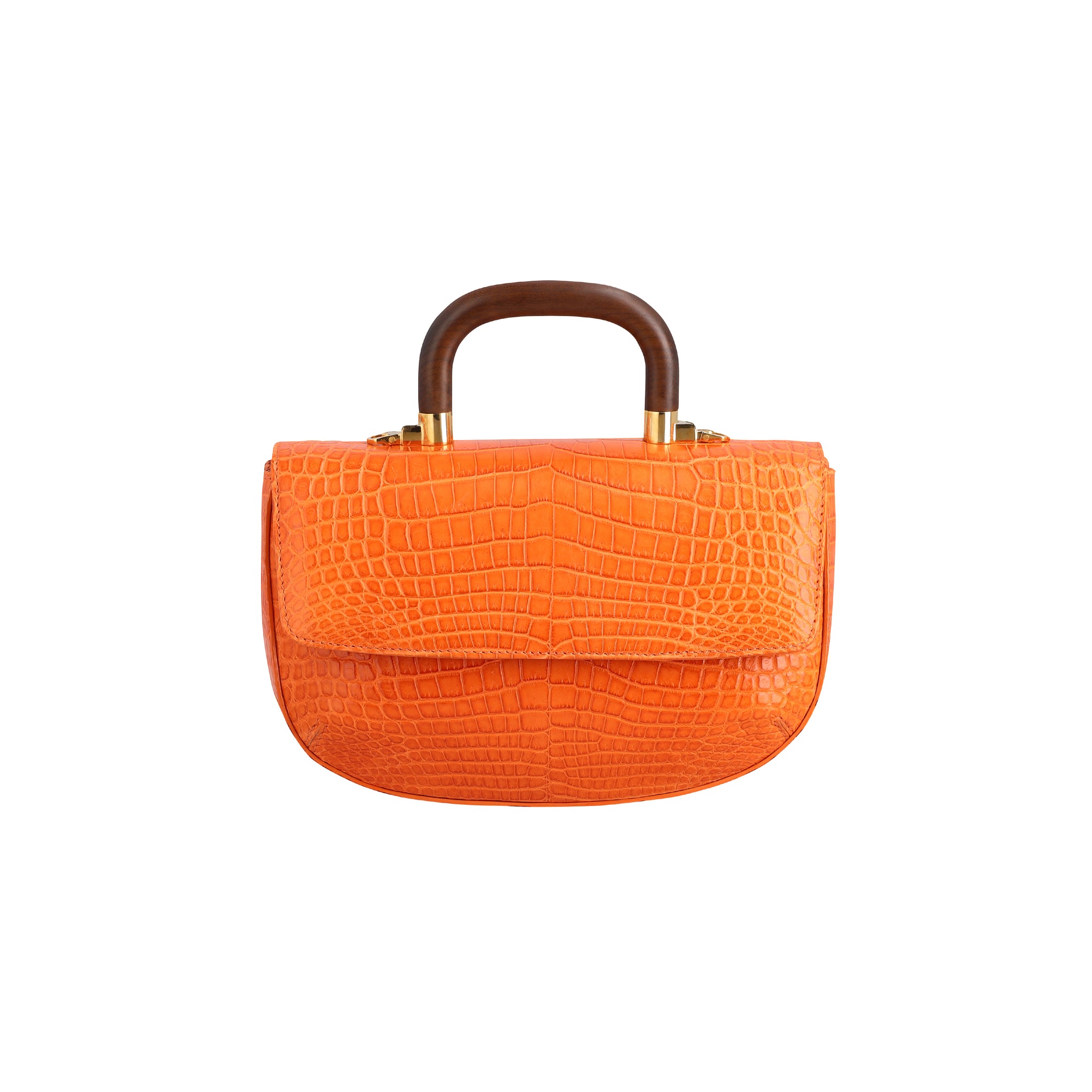 Front of a tangerine crocodile textured handbag with wooden handle on a white background