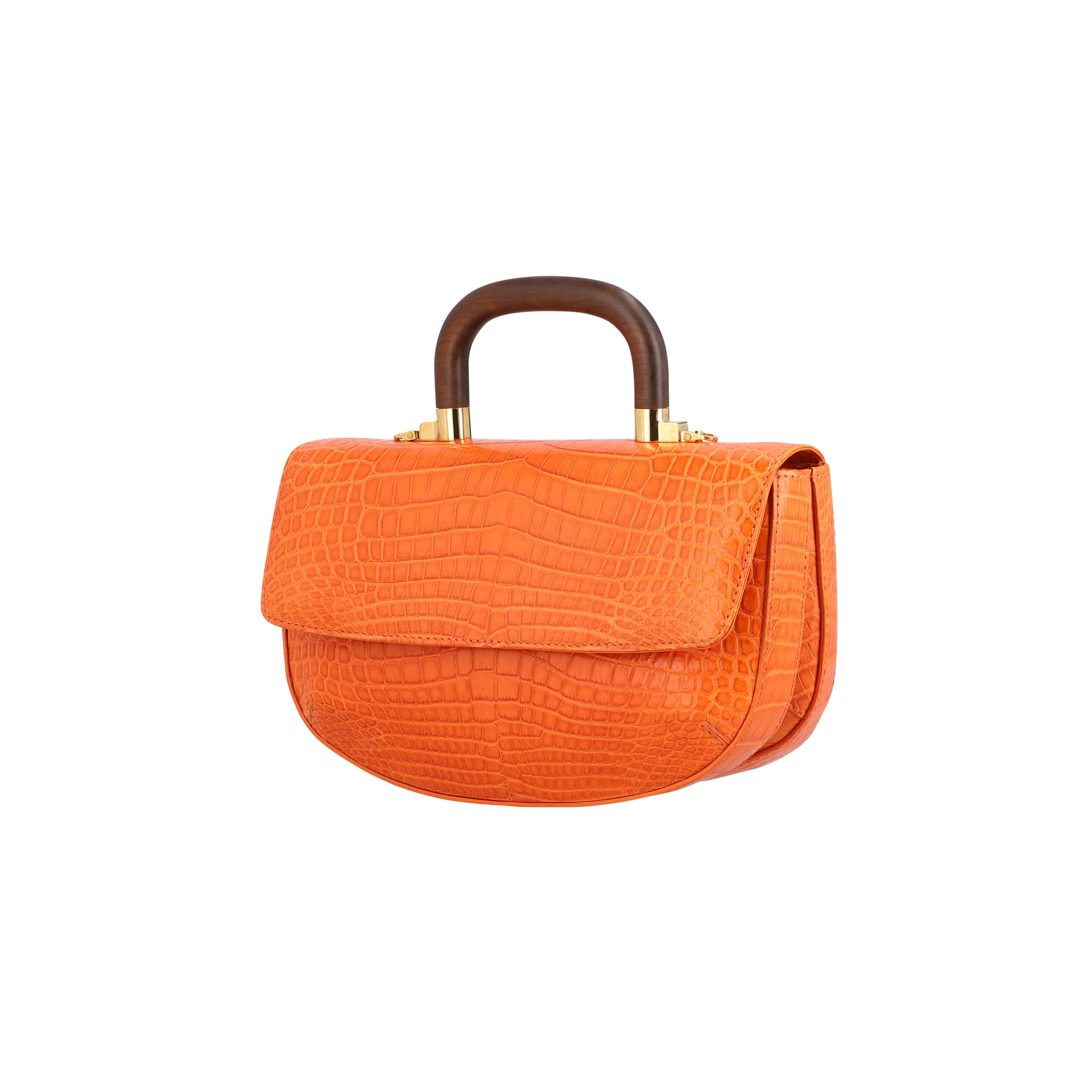Side of a tangerine crocodile textured handbag with wooden handle on a white background