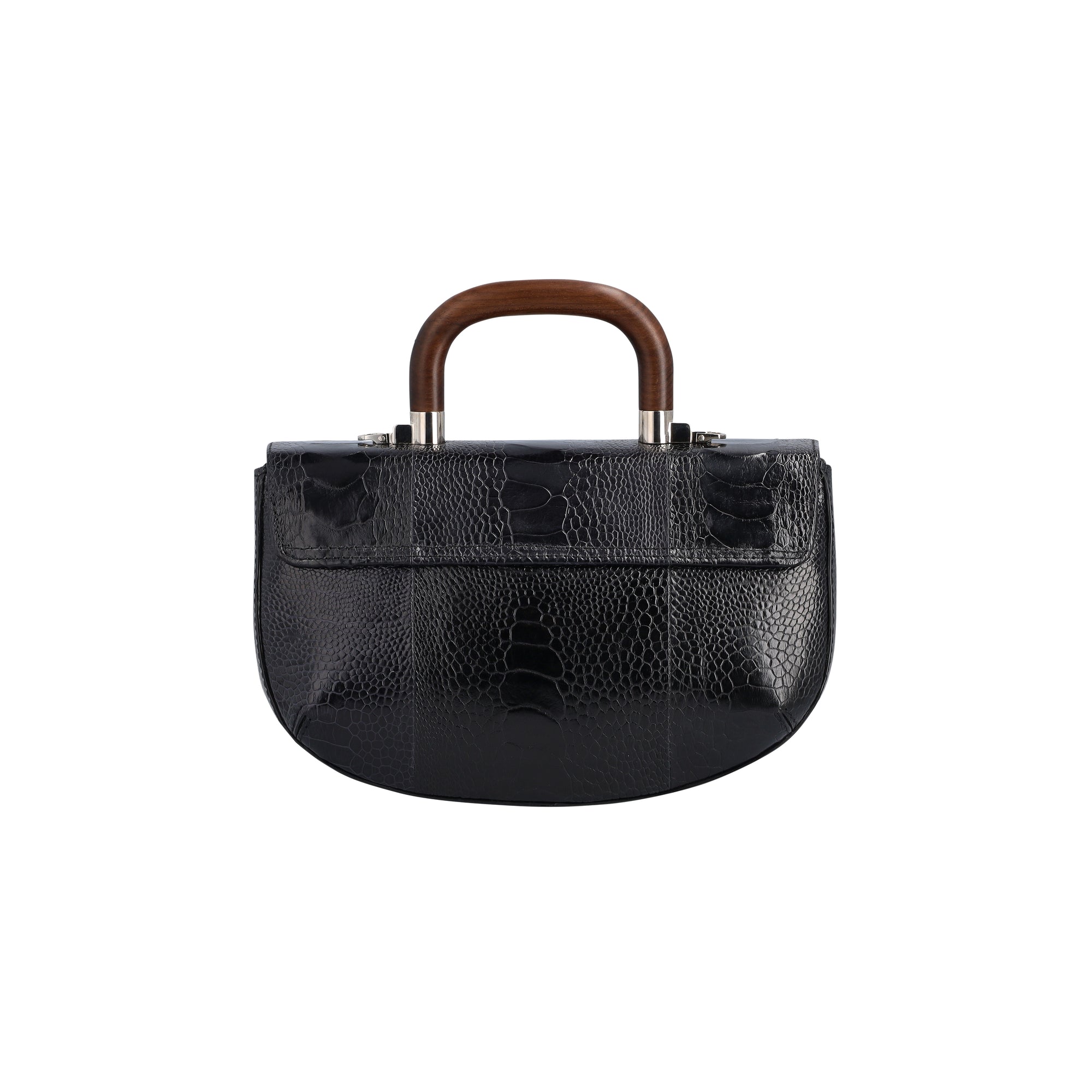 Back of a black textured handbag with wooden handle on a white background
