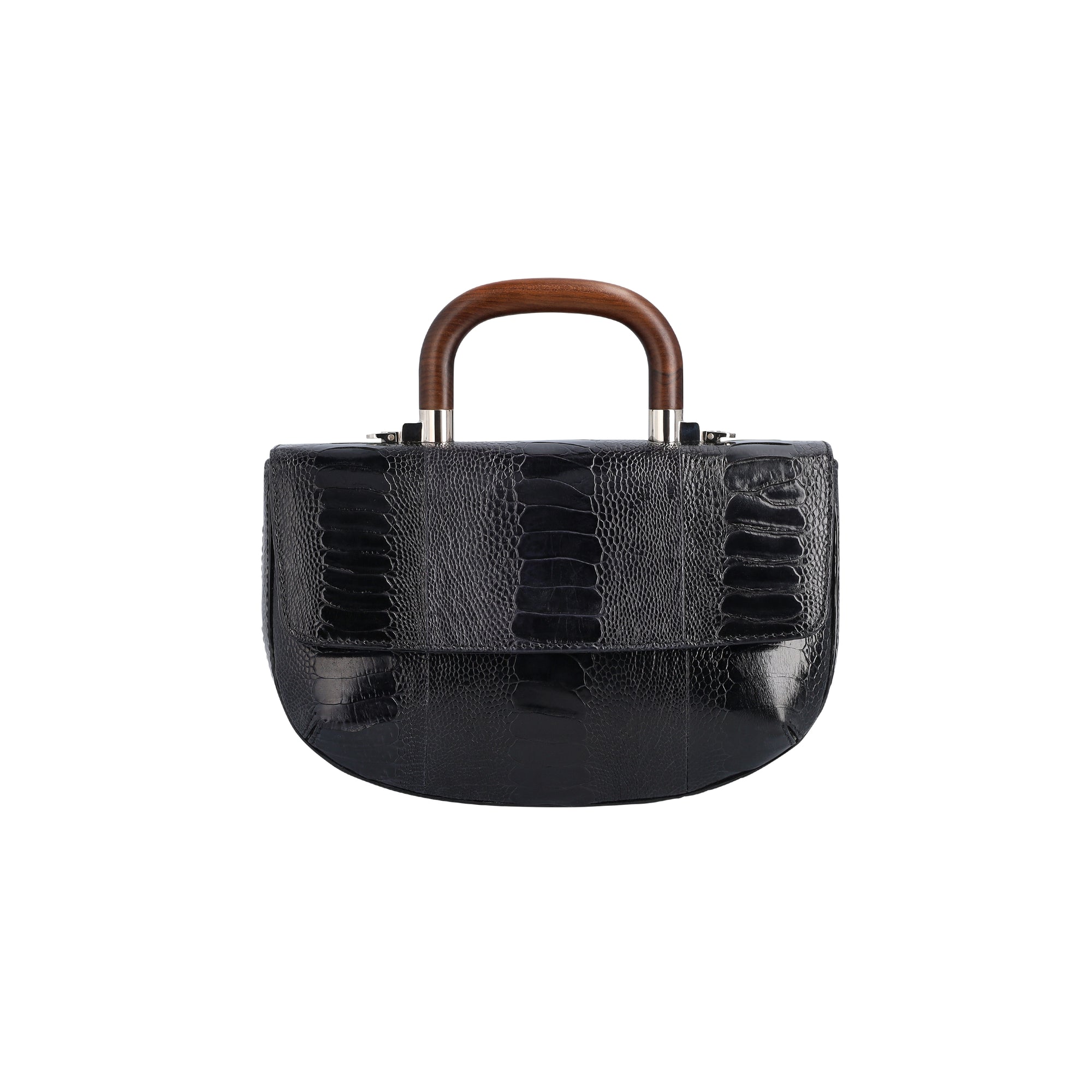 Side of a black textured handbag with wooden handle on a white background