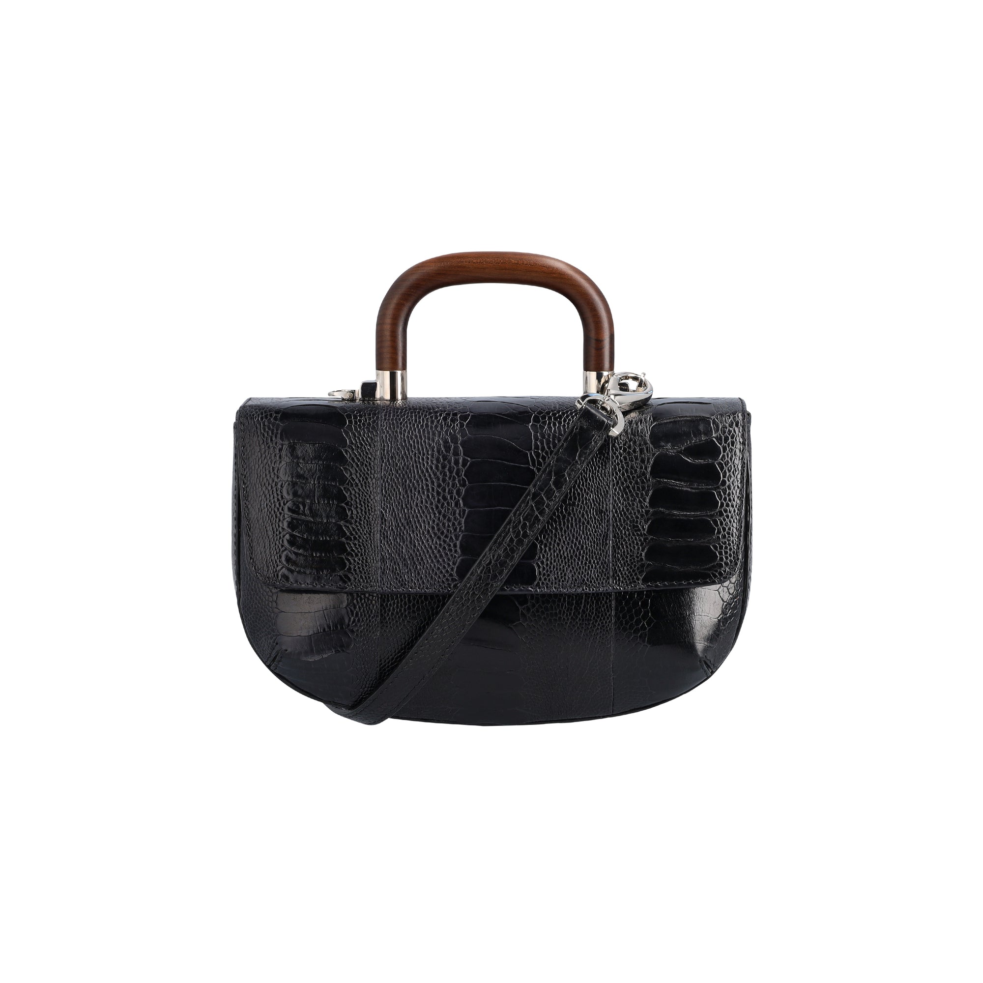 Front of a black textured handbag with  a strap and wooden handle on a white background