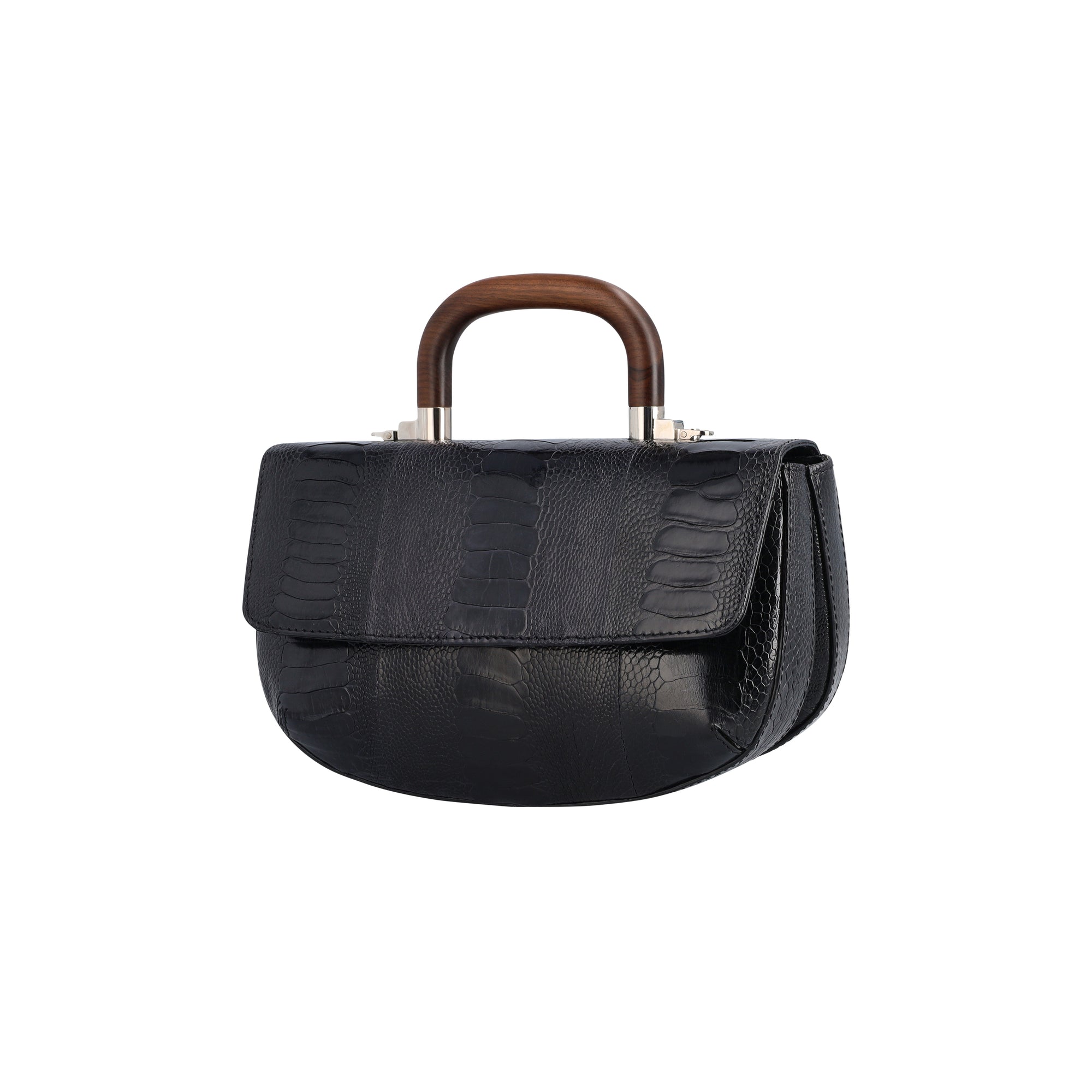Side of a black textured handbag with wooden handle on a white background