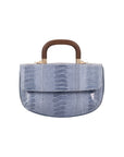 Blue textured handbag with a wooden handle on a white background