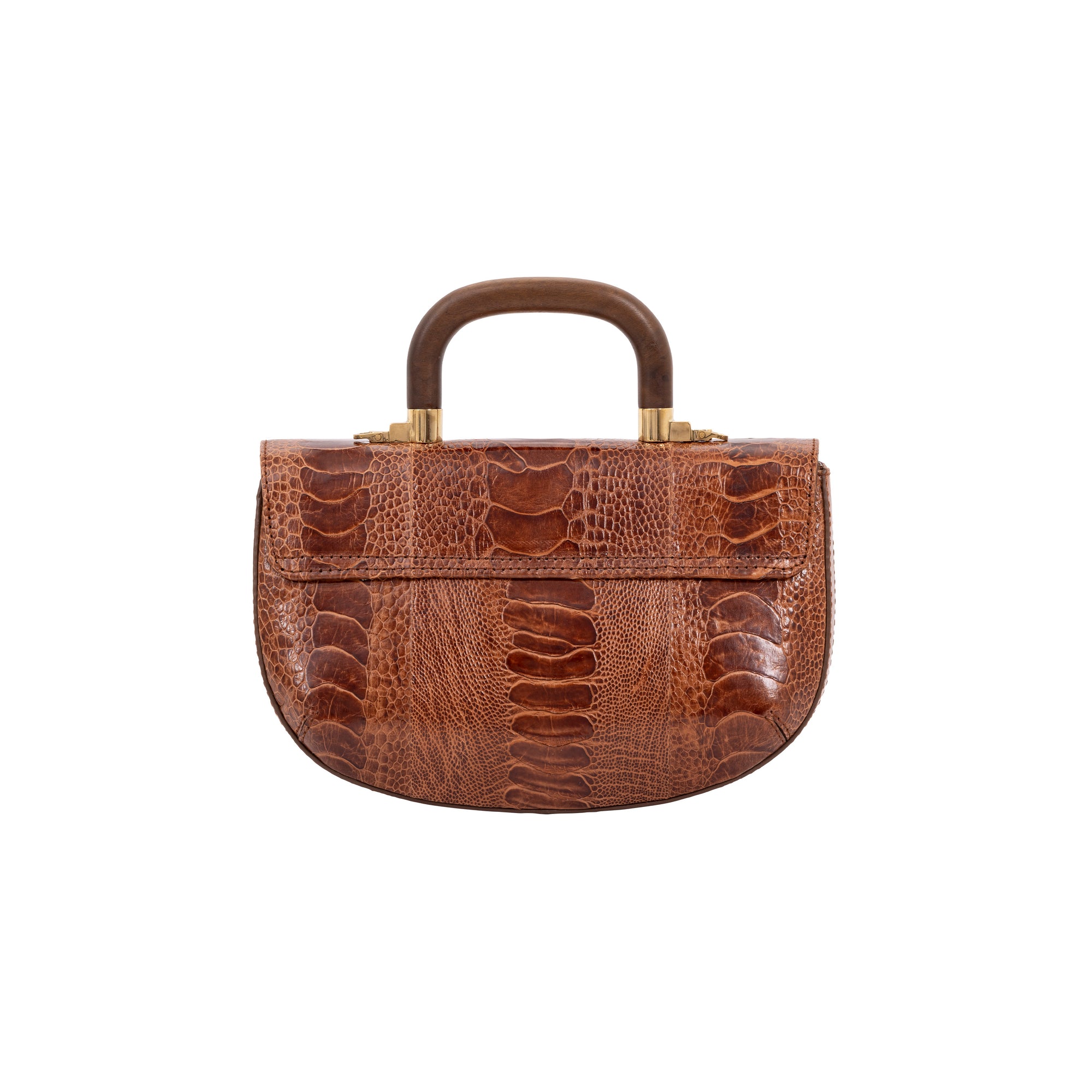 Back of cognac handbag with a wooden handle on a white background