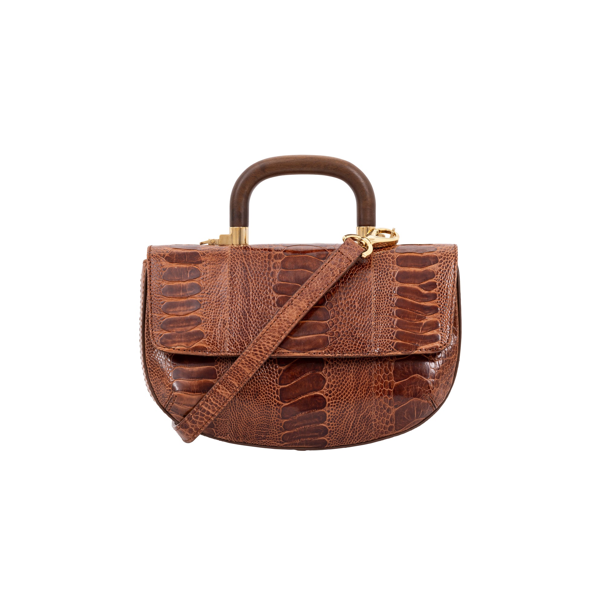 Front of cognac handbag with a wooden handle with strap on a white background