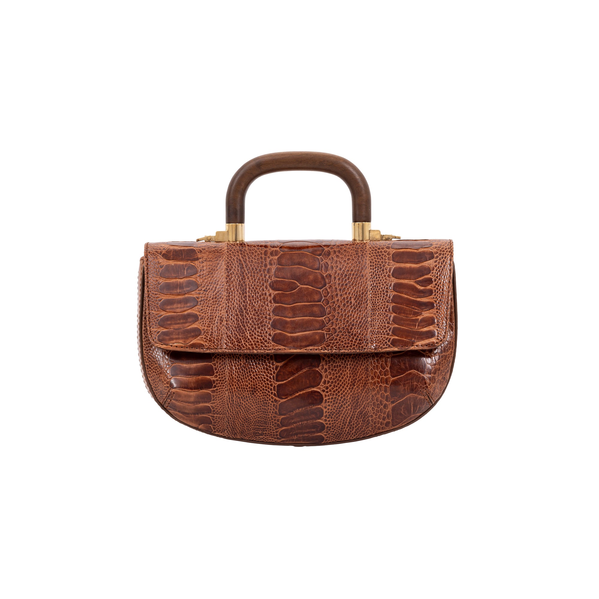 Front of cognac handbag with a wooden handle on a white background