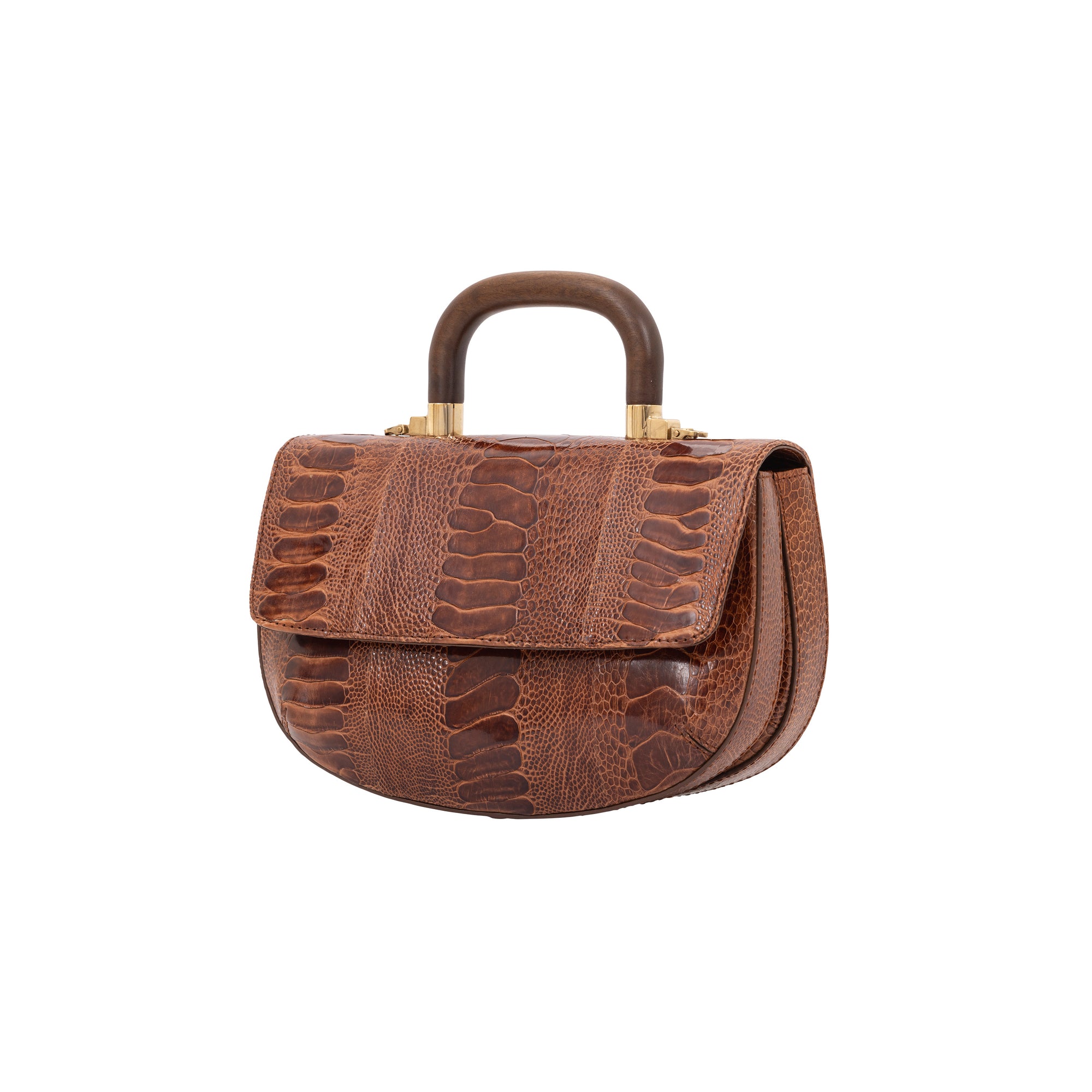 Side of cognac handbag with a wooden handle on a white background