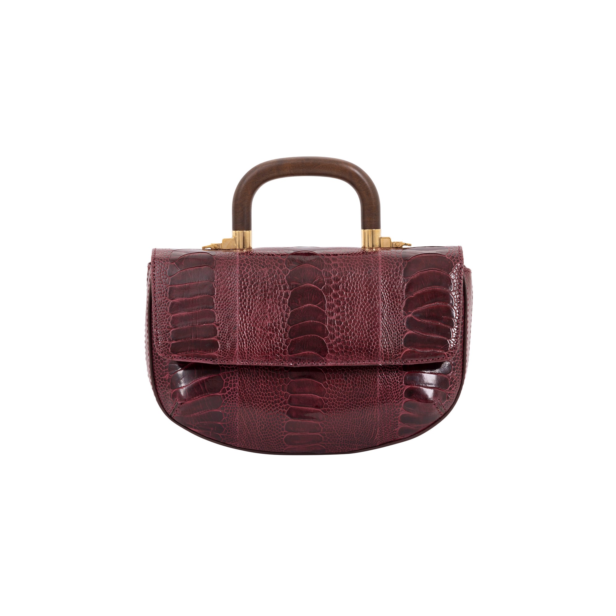 Front of maroon handbag with a wooden handle on a white background