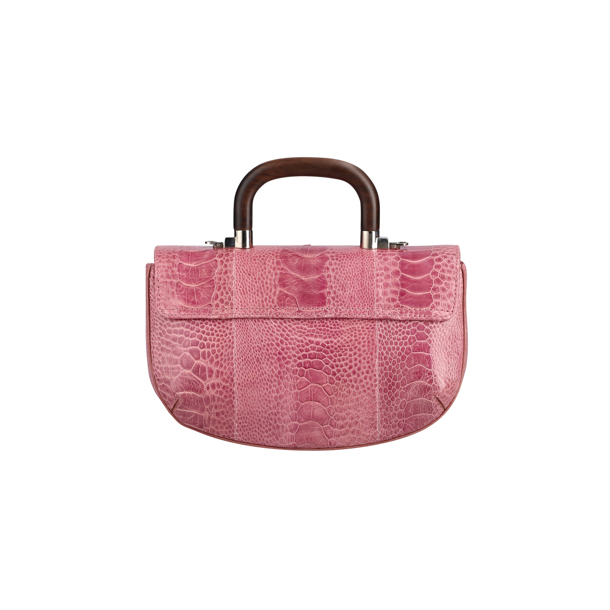 Back of a pink textured handbag with wooden handle on a white background