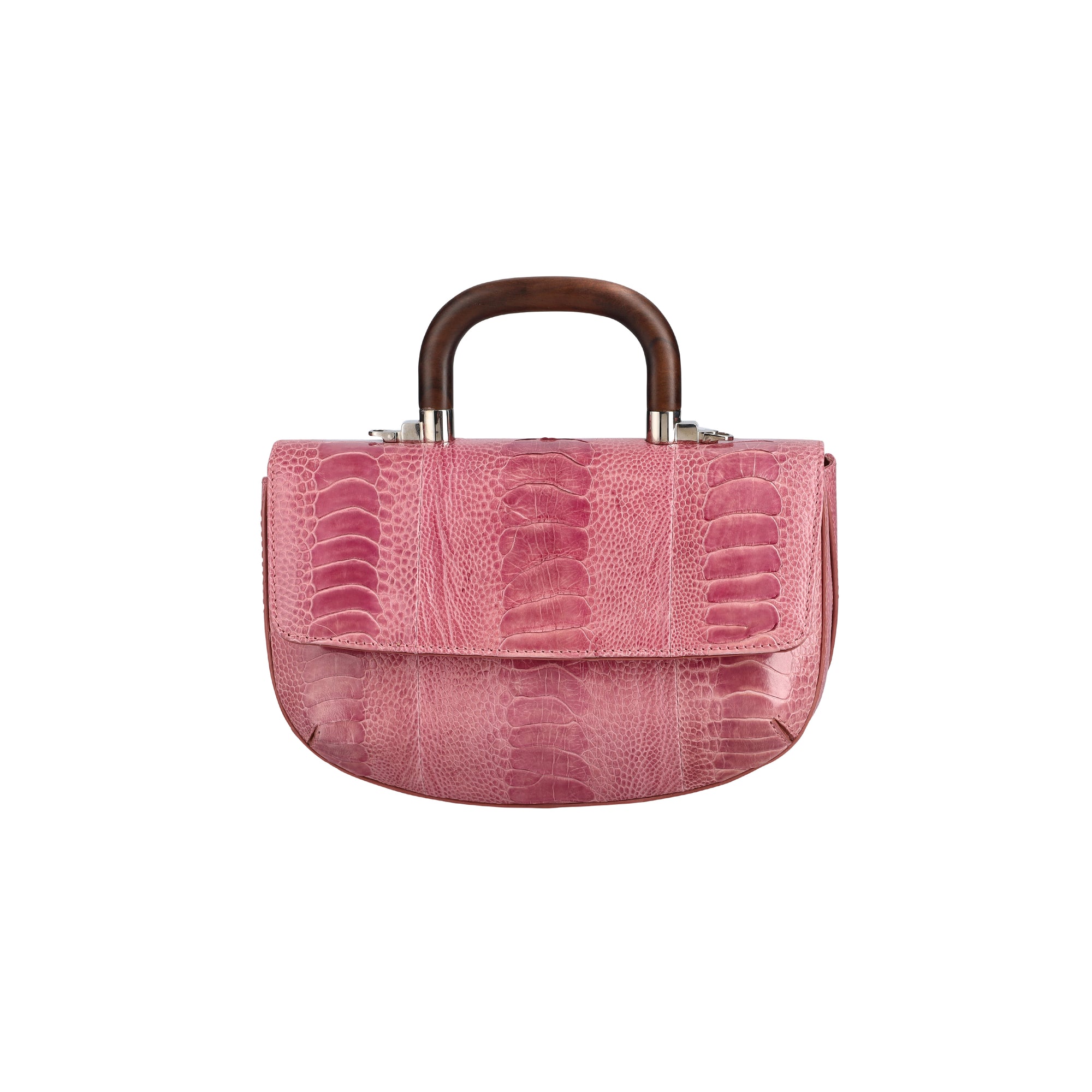 Front of a pink textured handbag with wooden handle on a white background