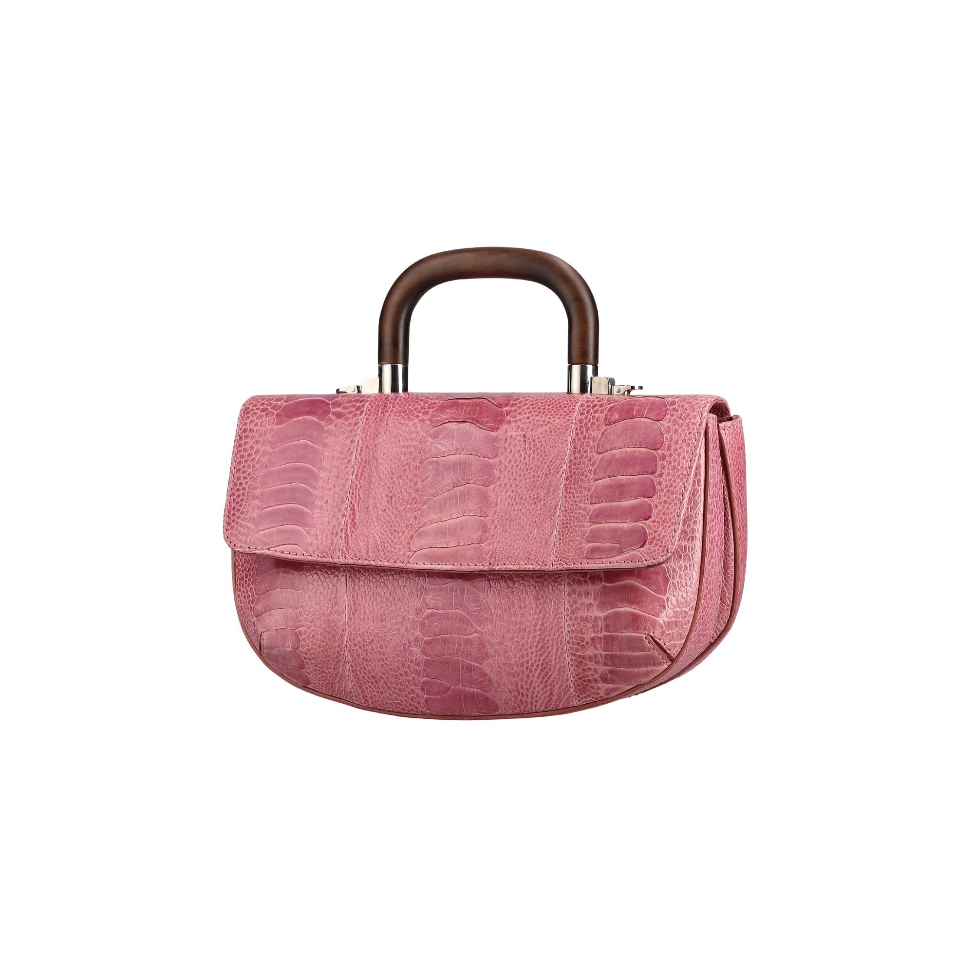 Side of a pink textured handbag with wooden handle on a white background