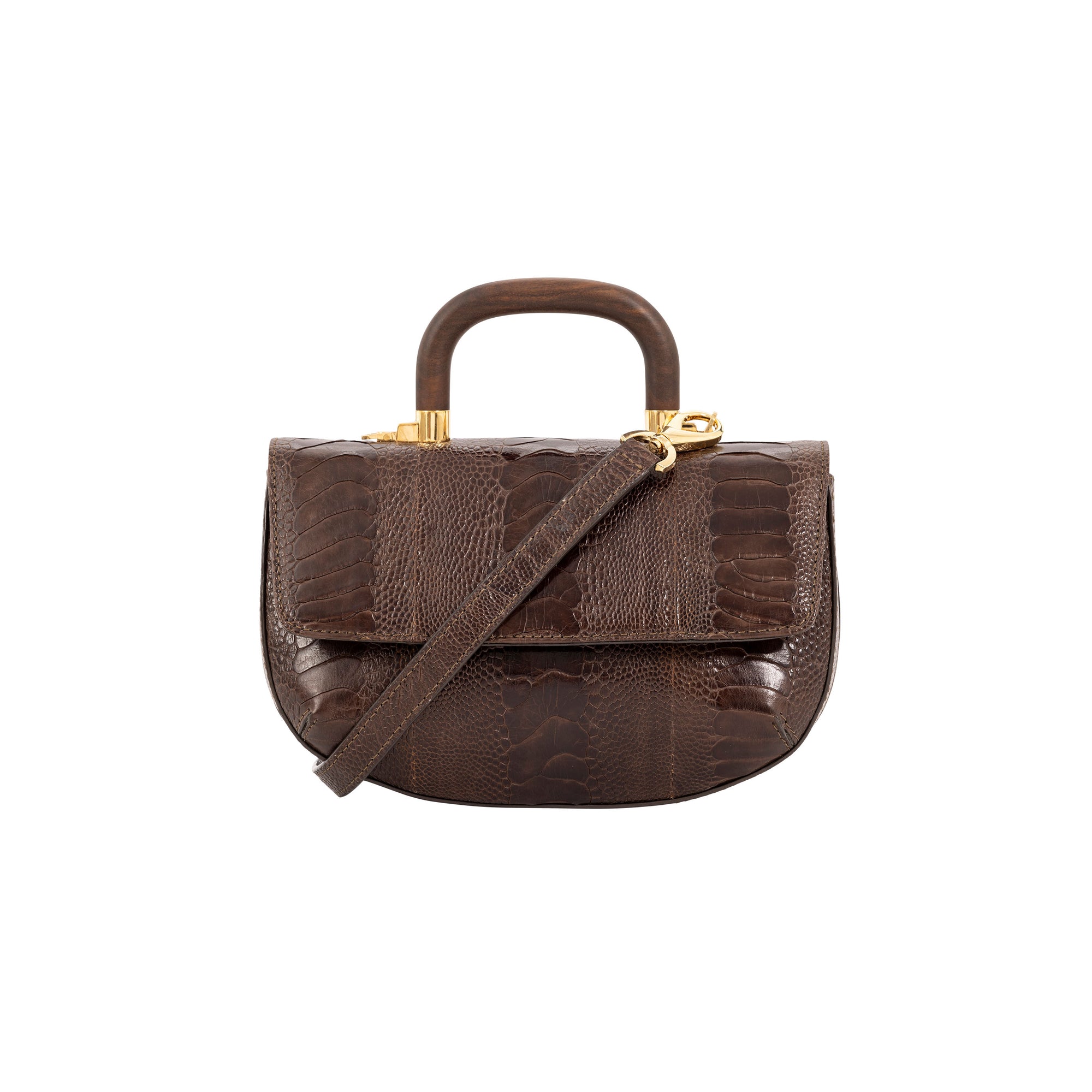 Front of a brown textured handbag with gold accents and a wooden handle on a white background