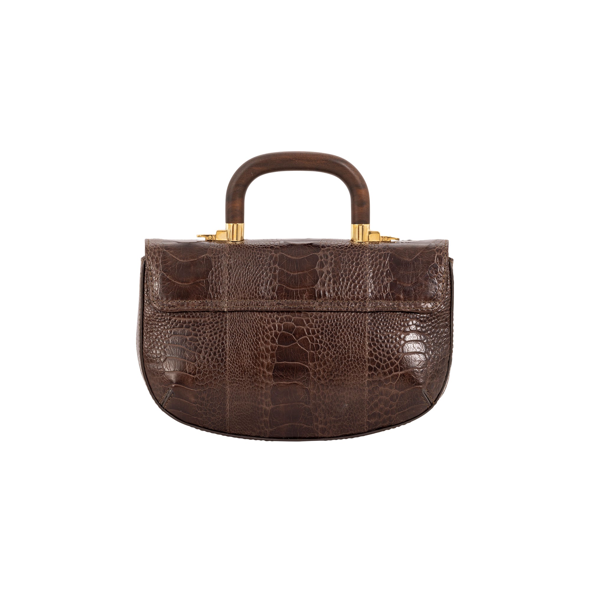 Back of a brown textured handbag with gold accents and a wooden handle on a white background