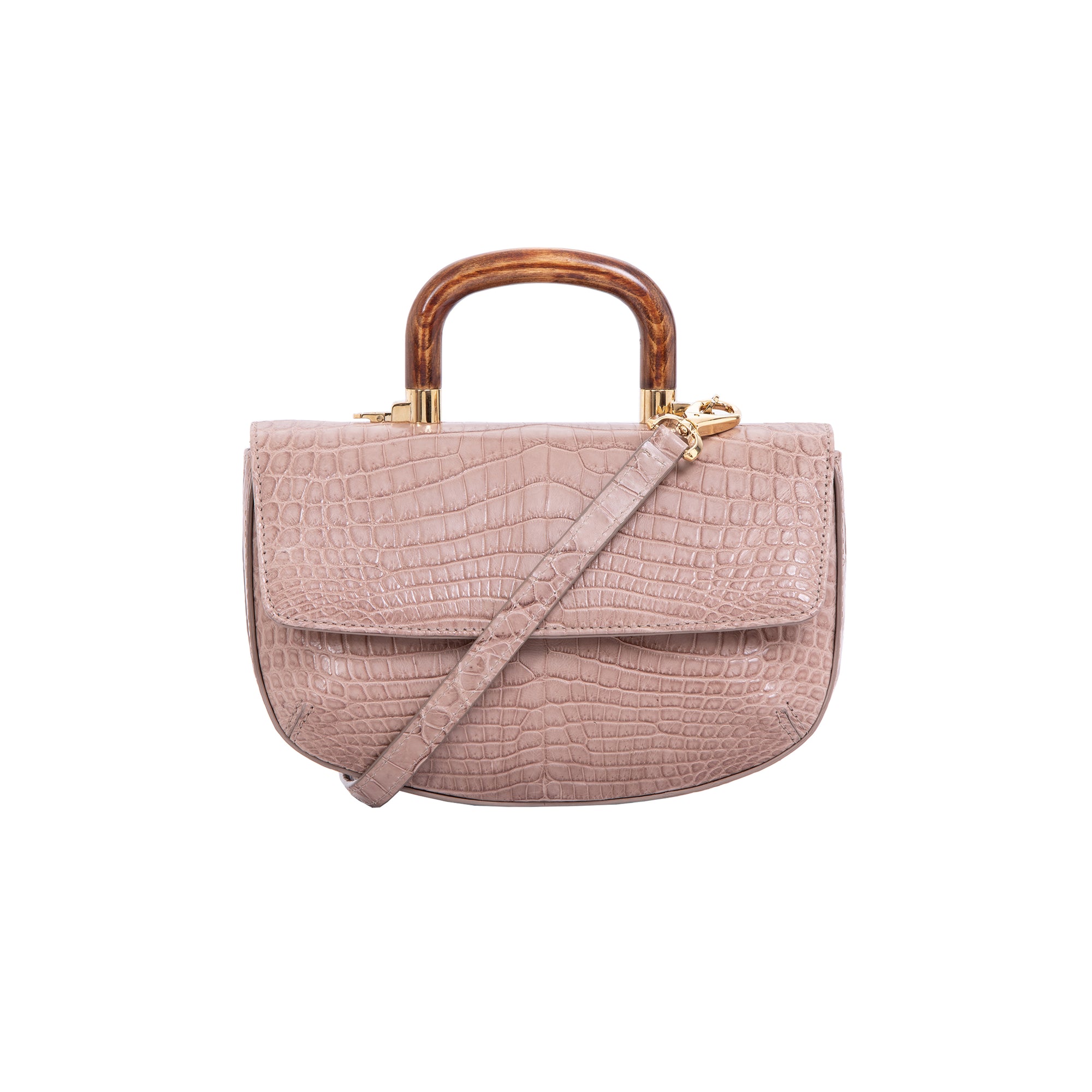 Front of a walnut crocodile handbag with a strap and wooden handle on a white background