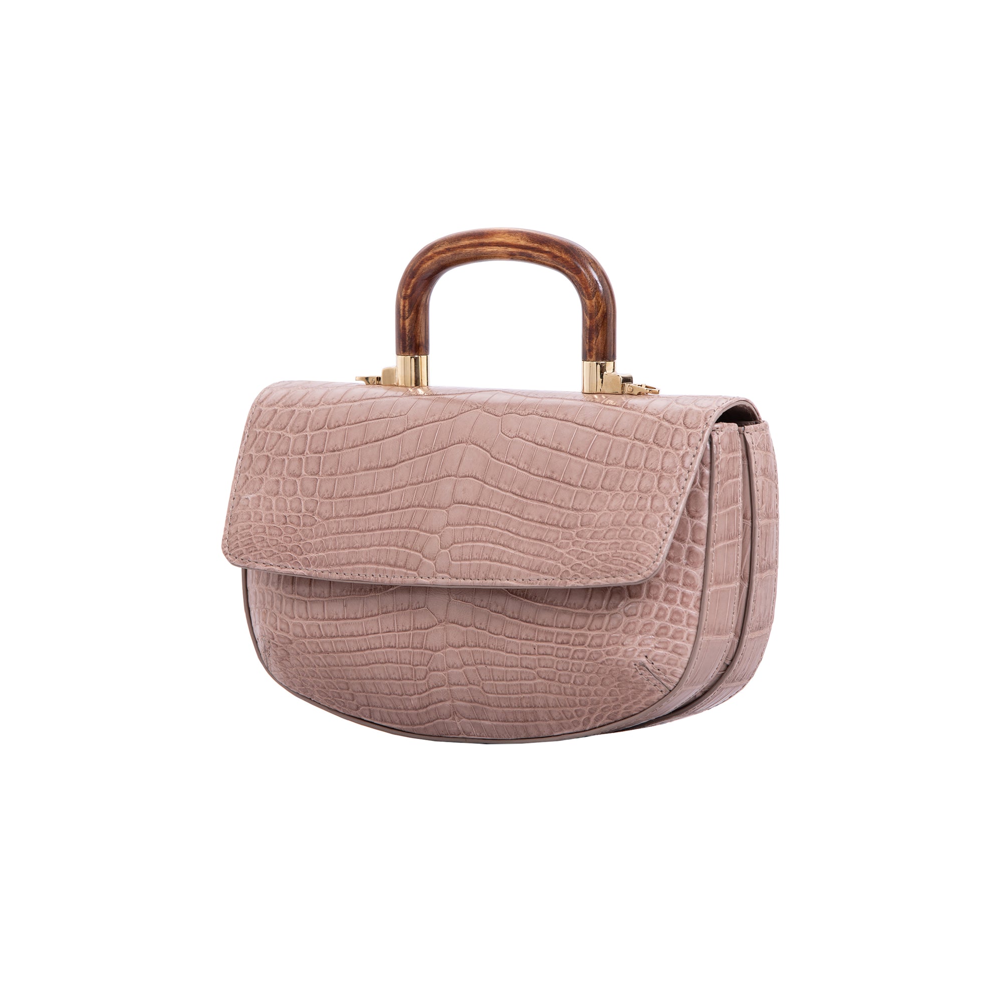 Side of a walnut crocodile handbag with a wooden handle on a white background