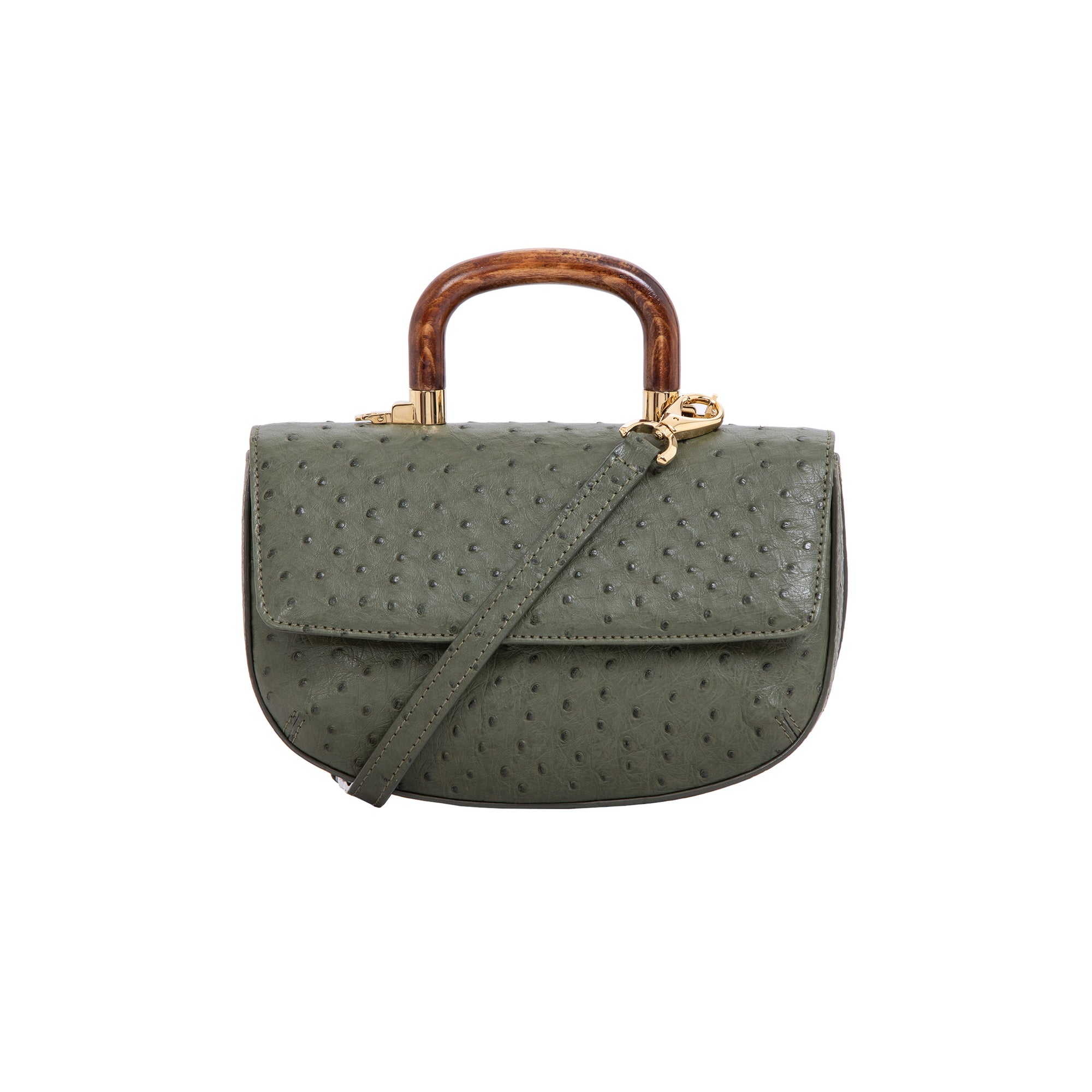 Front of a green ostrich-patterned handbag with a strap and wooden handle on a white background