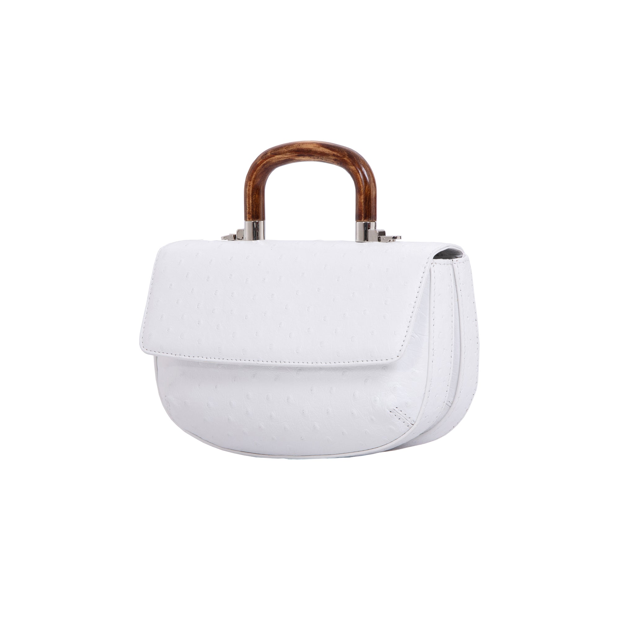 Side of a white ostrich handbag with a wooden handle on a white background