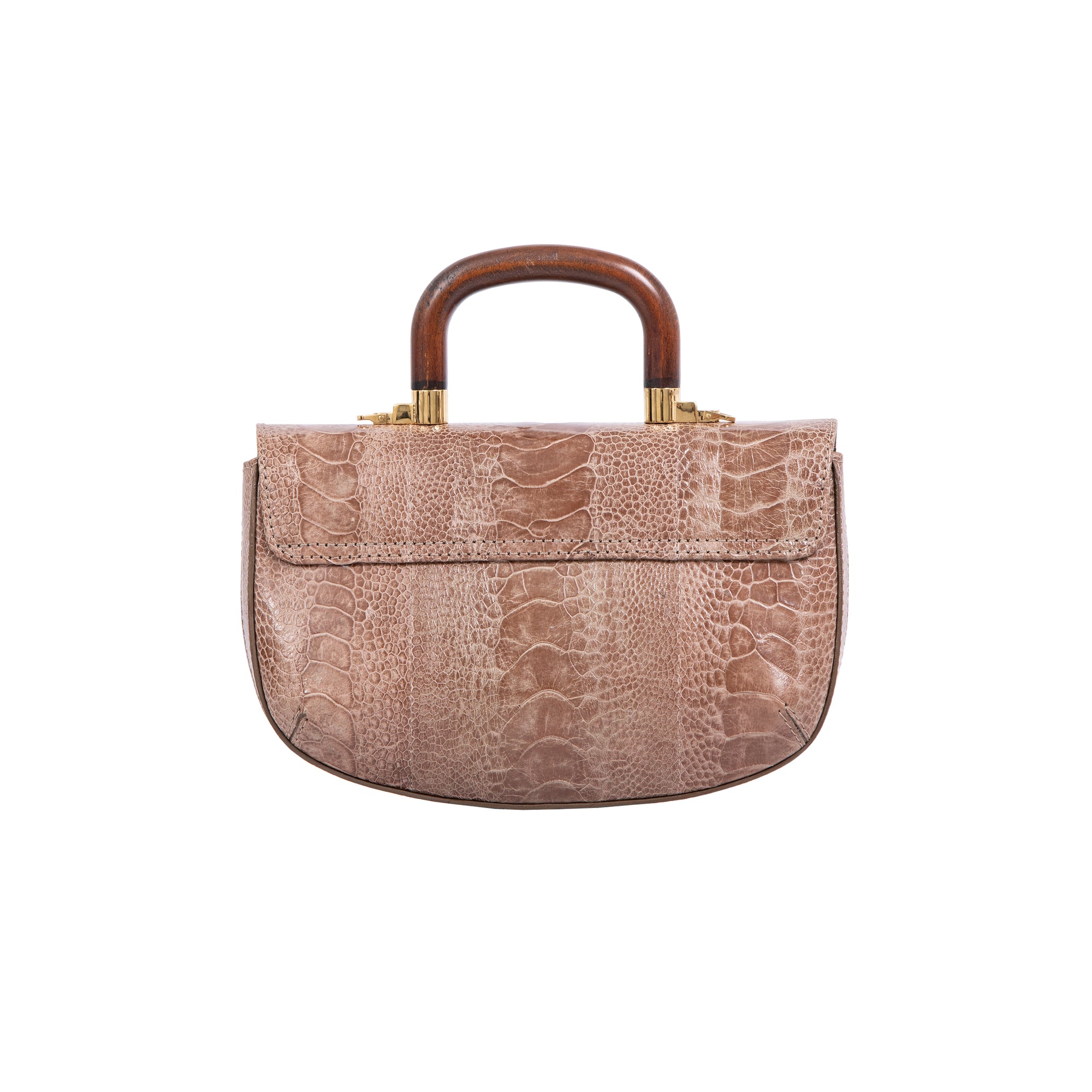 Back of a brown ostrich leg skin handbag with wooden handle on a white background