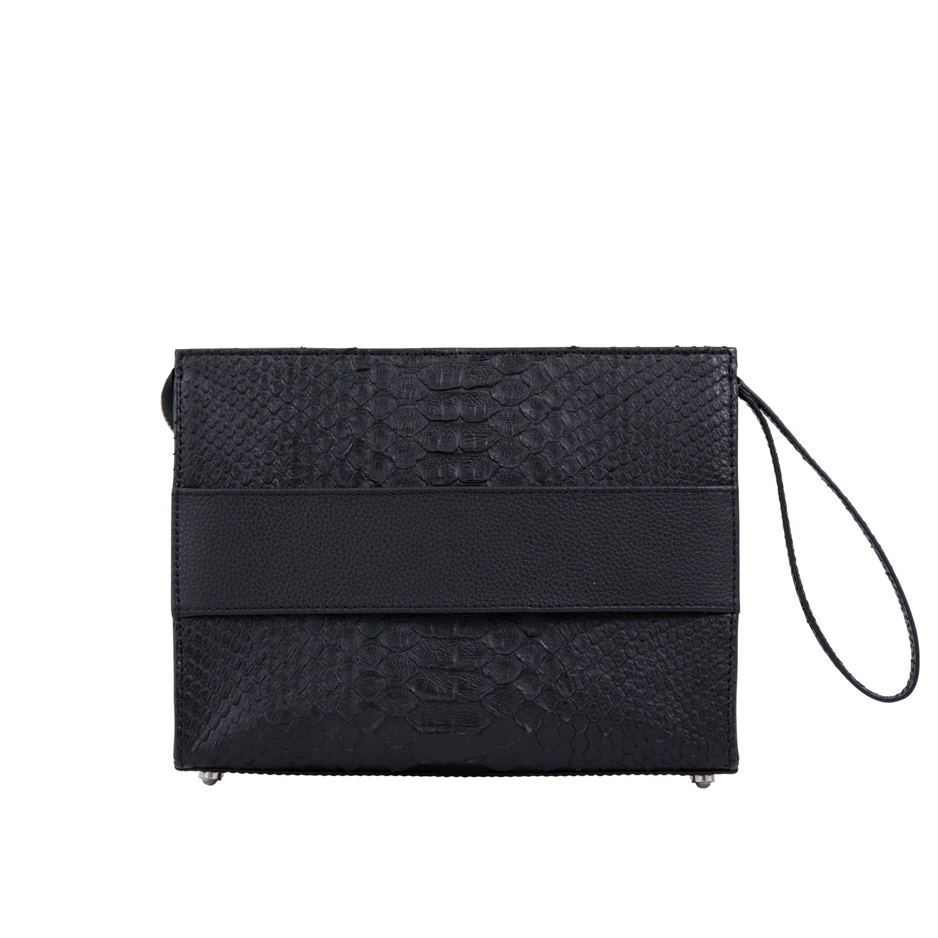 Back of a black python textured handbag on a white background