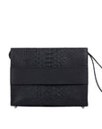 Back of a black python textured handbag on a white background