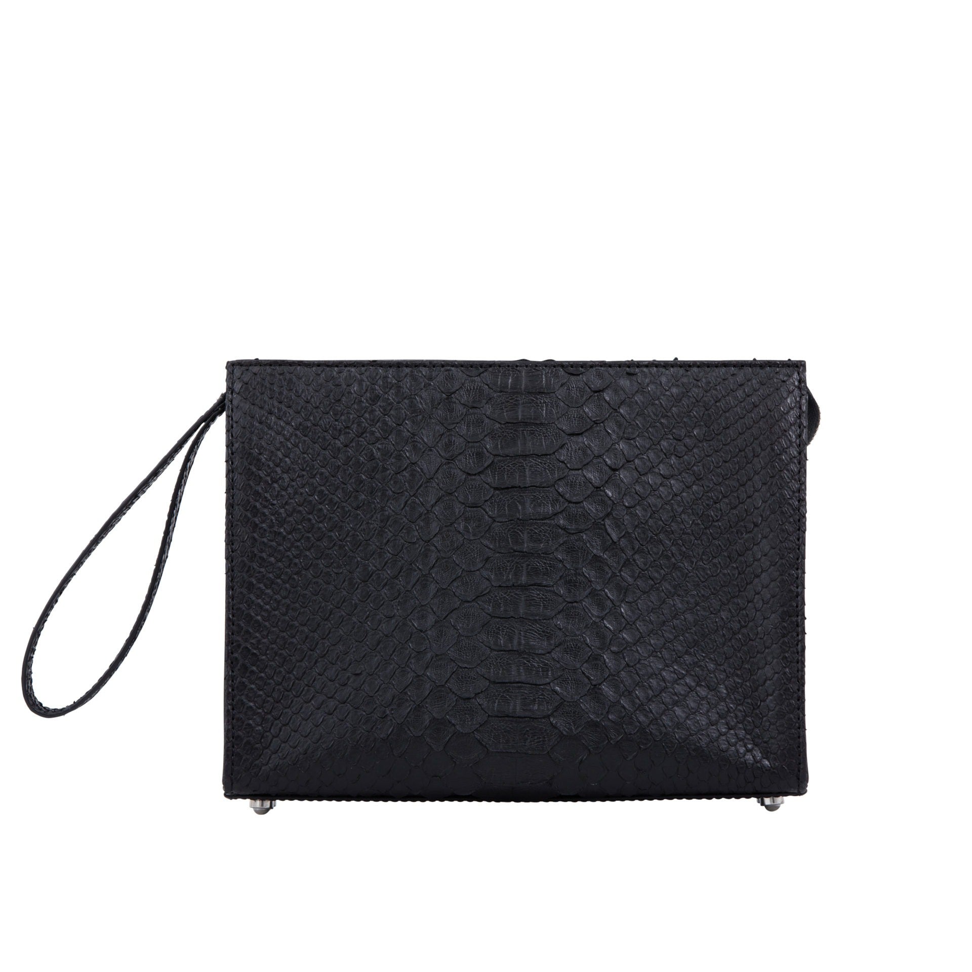 Front of a black python textured handbag on a white background