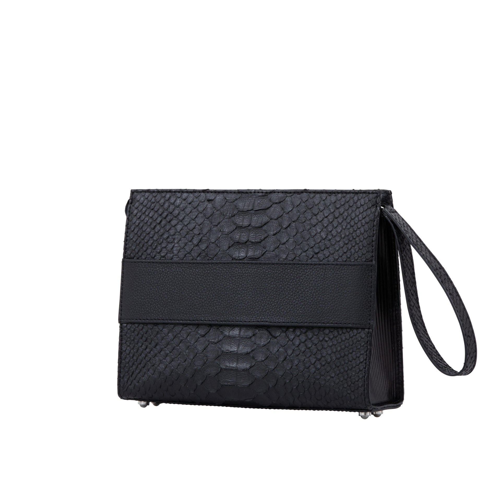 Side of a black python textured handbag on a white background