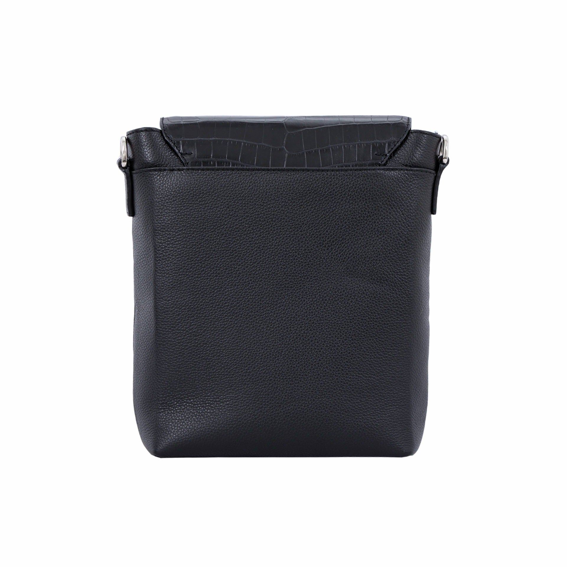 Black crocodile textured messenger bag on a white background
