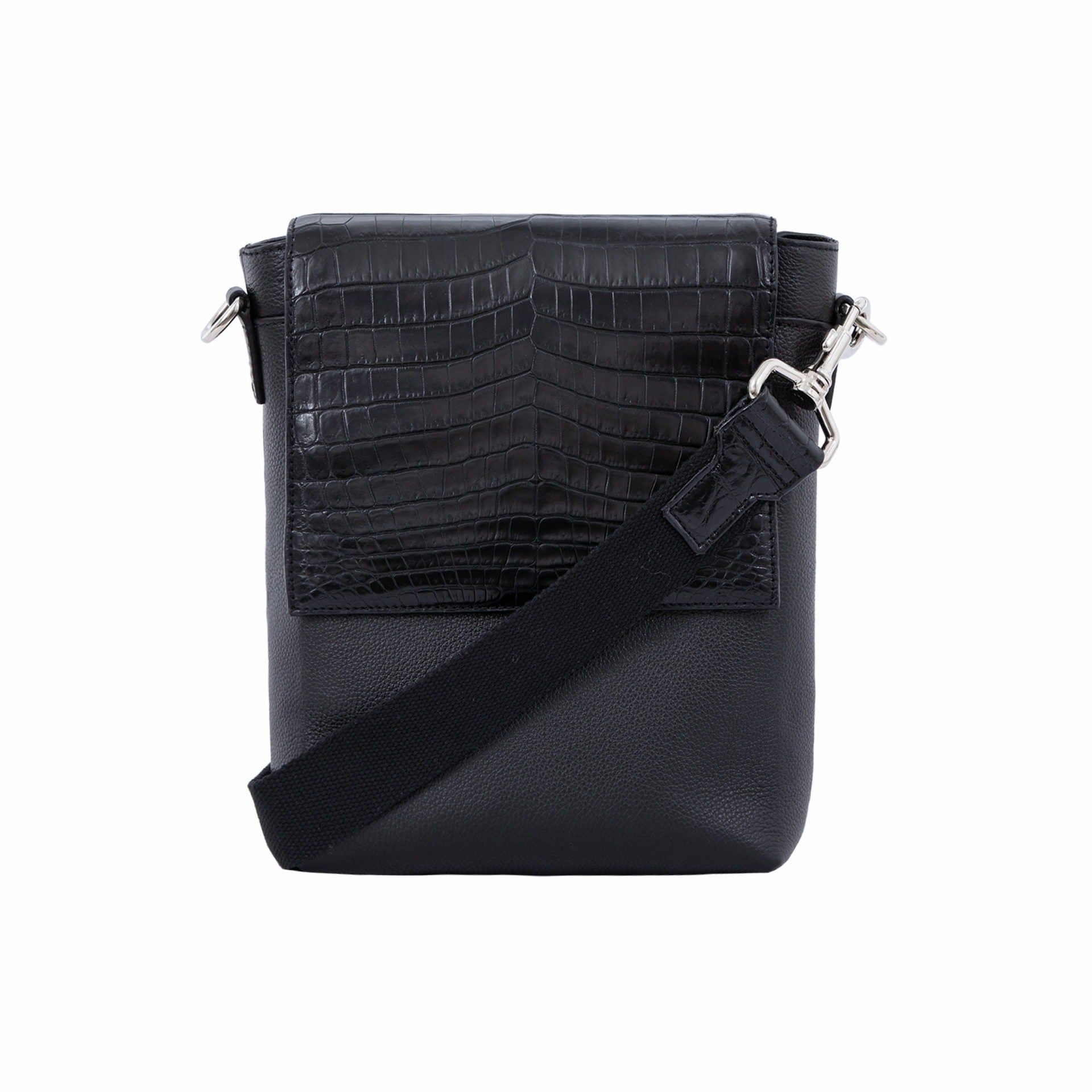 Black crocodile textured messenger bag with strap on a white background