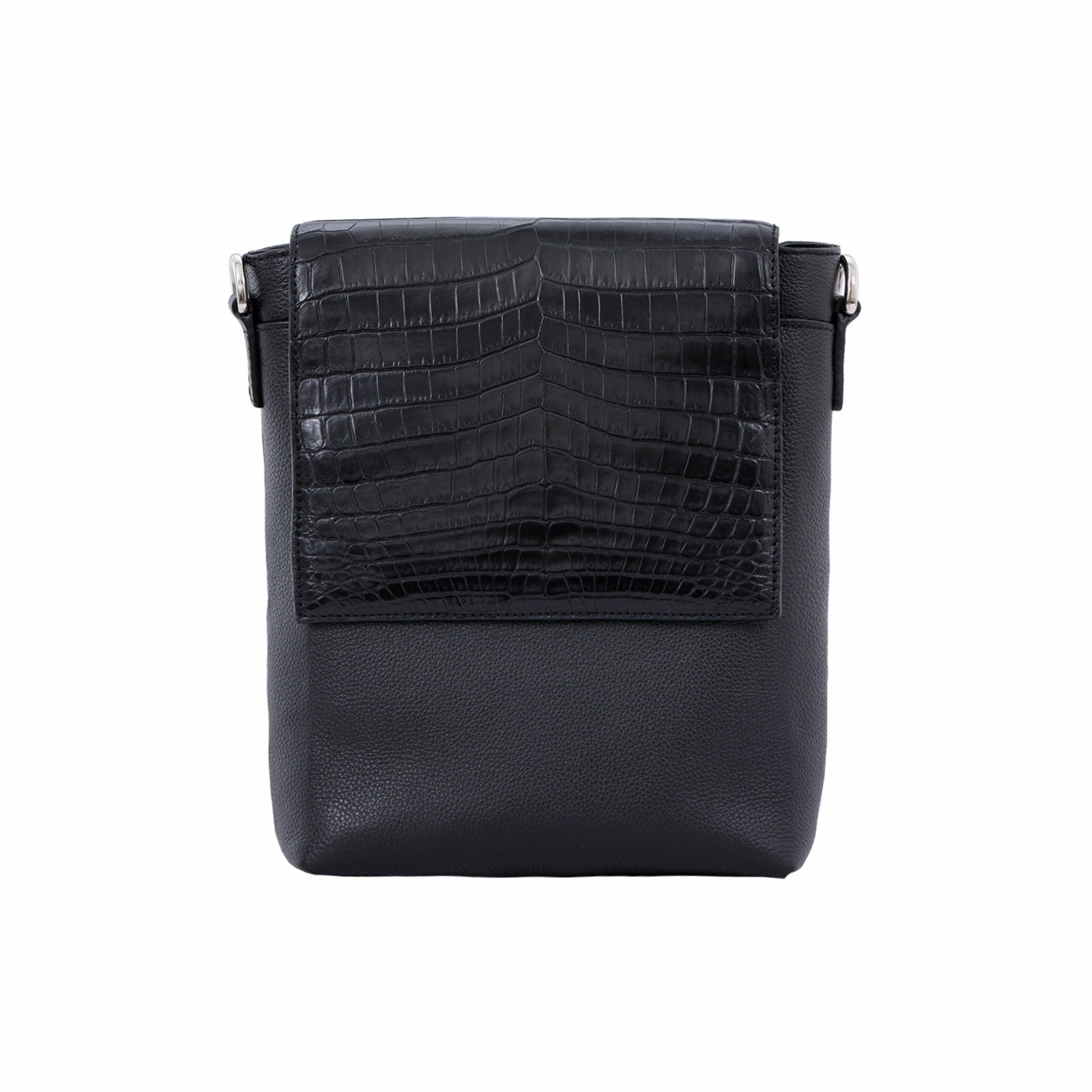 Black crocodile textured messenger bag on a white background