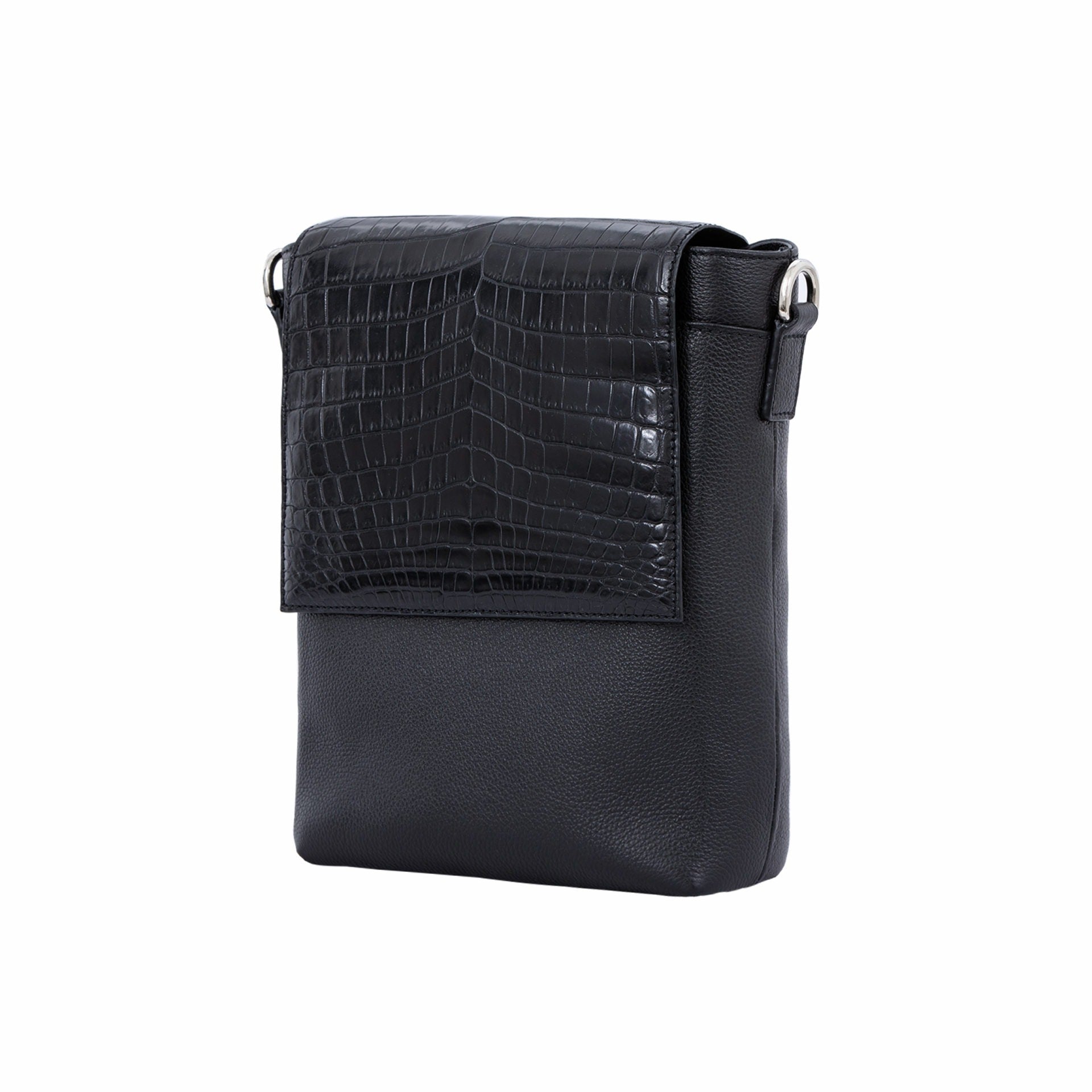 Black crocodile textured messenger bag on a white background