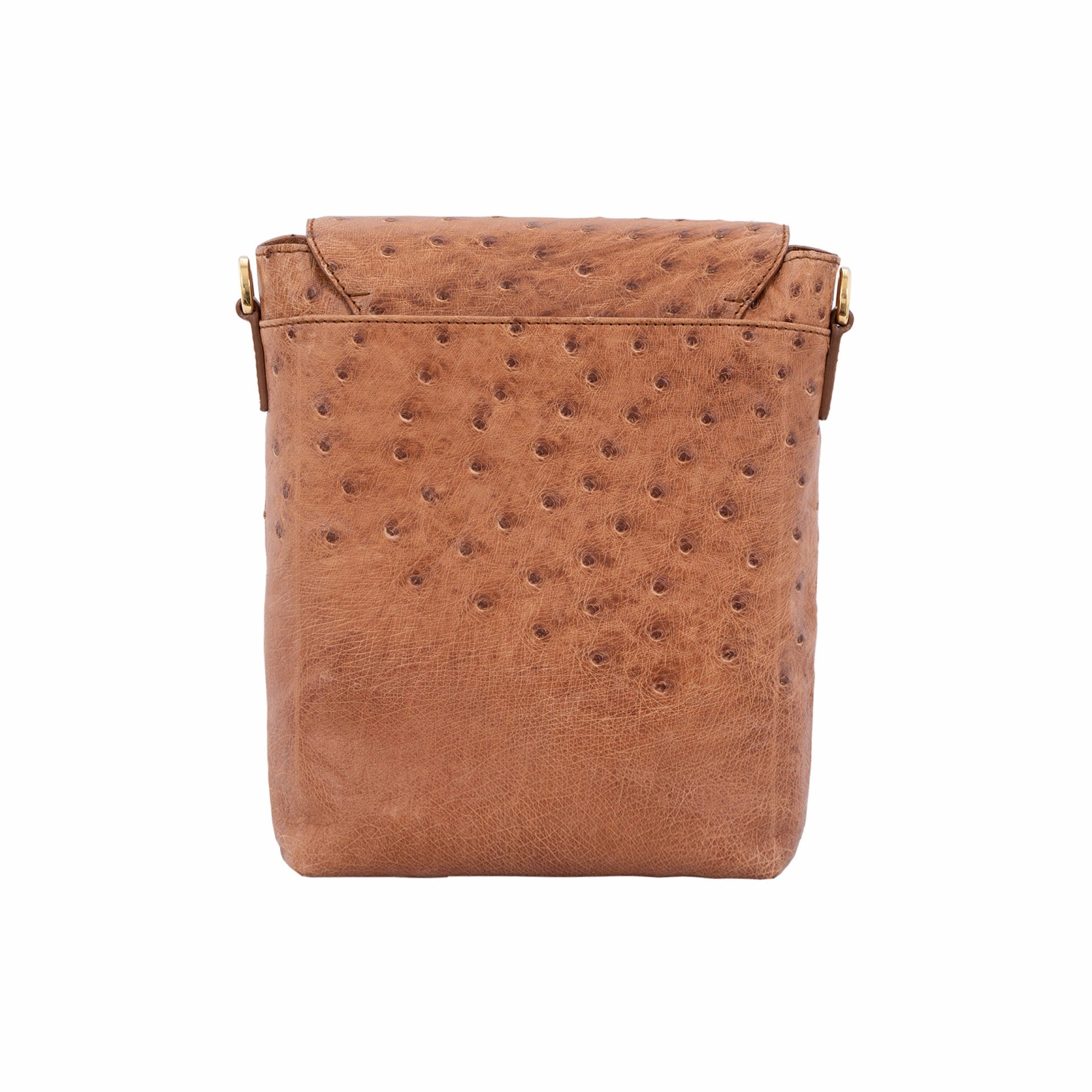 Cognac ostrich messenger bag on a white background