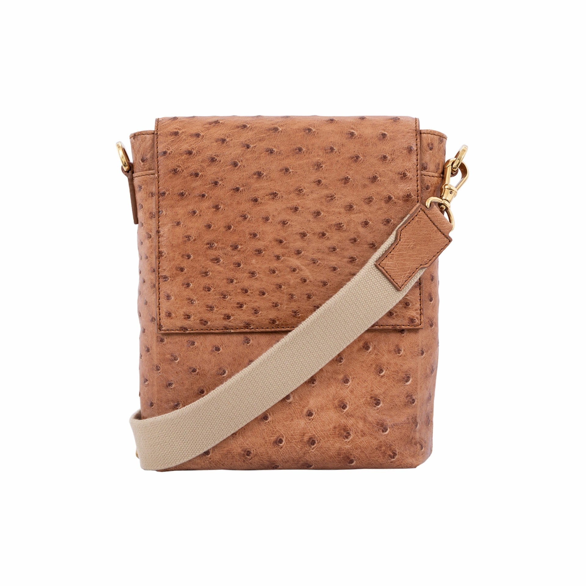 Cognac ostrich messenger bag with a strap on a white background