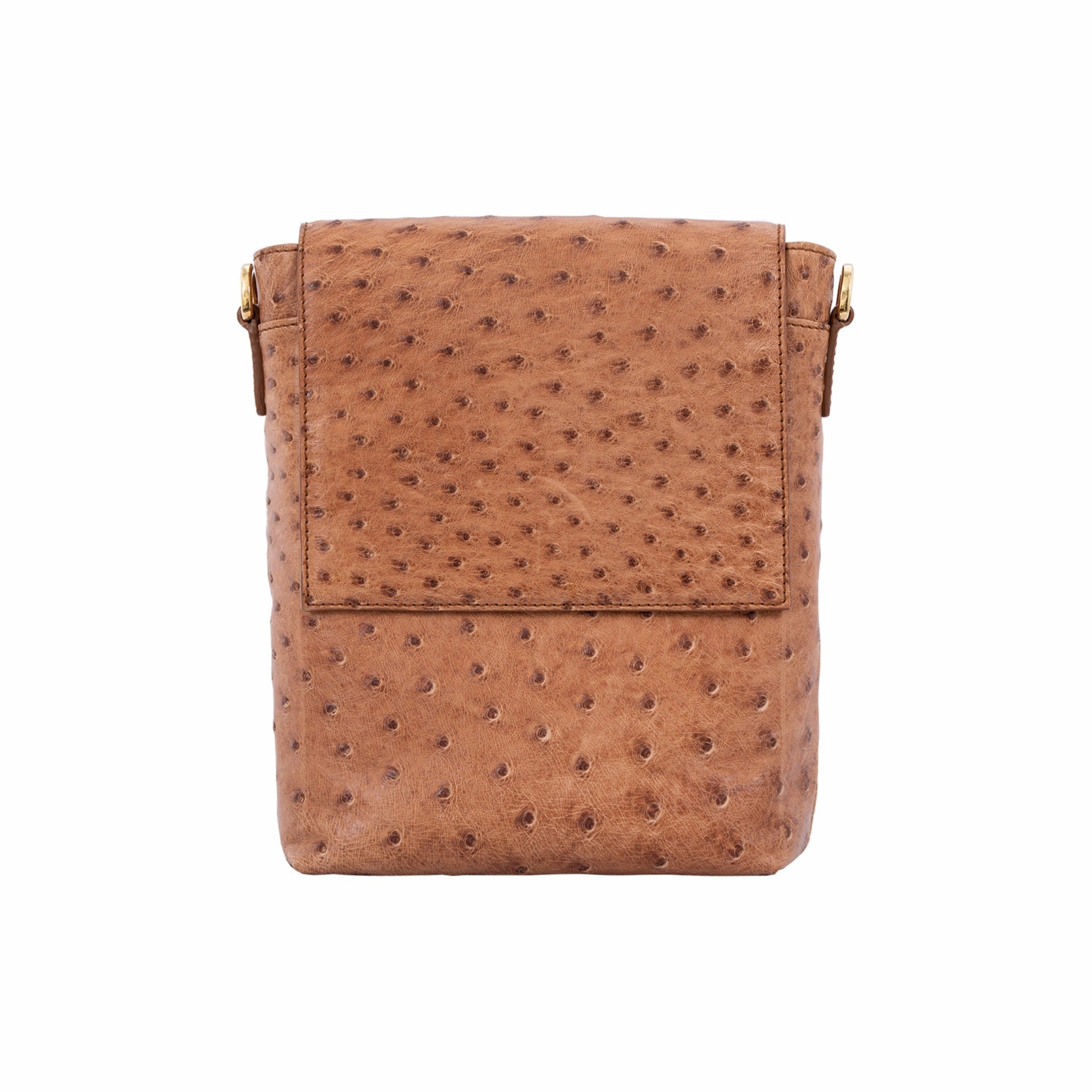 Cognac ostrich messenger bag on a white background
