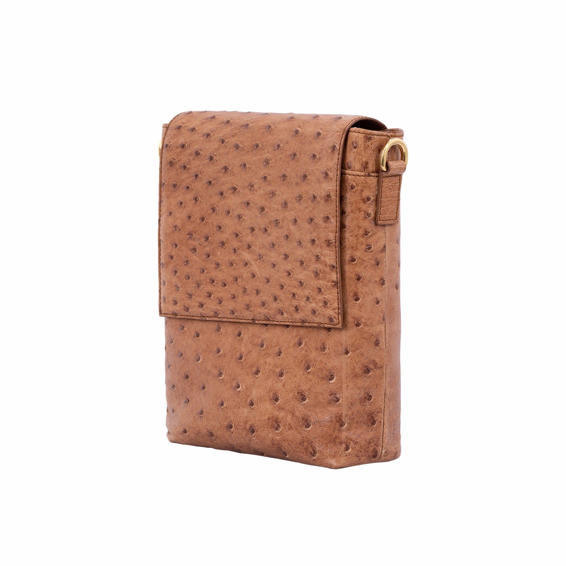 Cognac ostrich messenger bag on a white background
