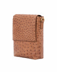Cognac ostrich messenger bag on a white background