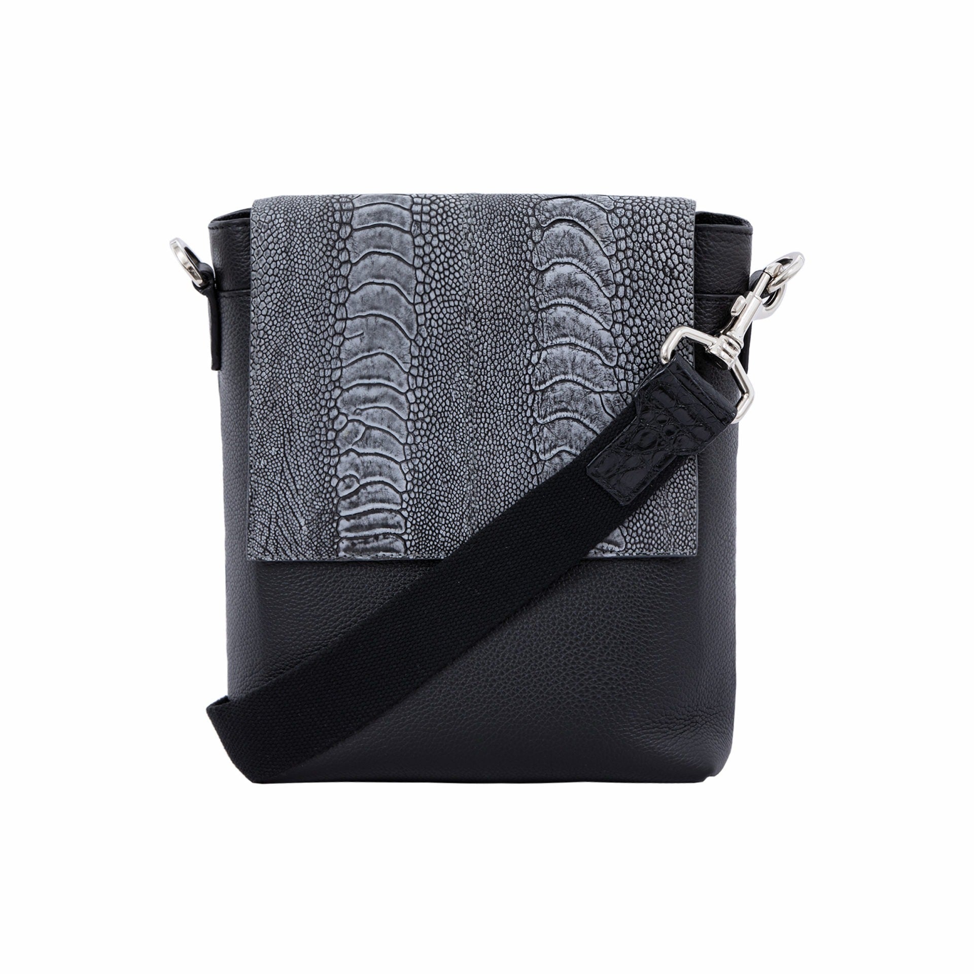 Black messenger bag with dark grey ostrich material on a white background