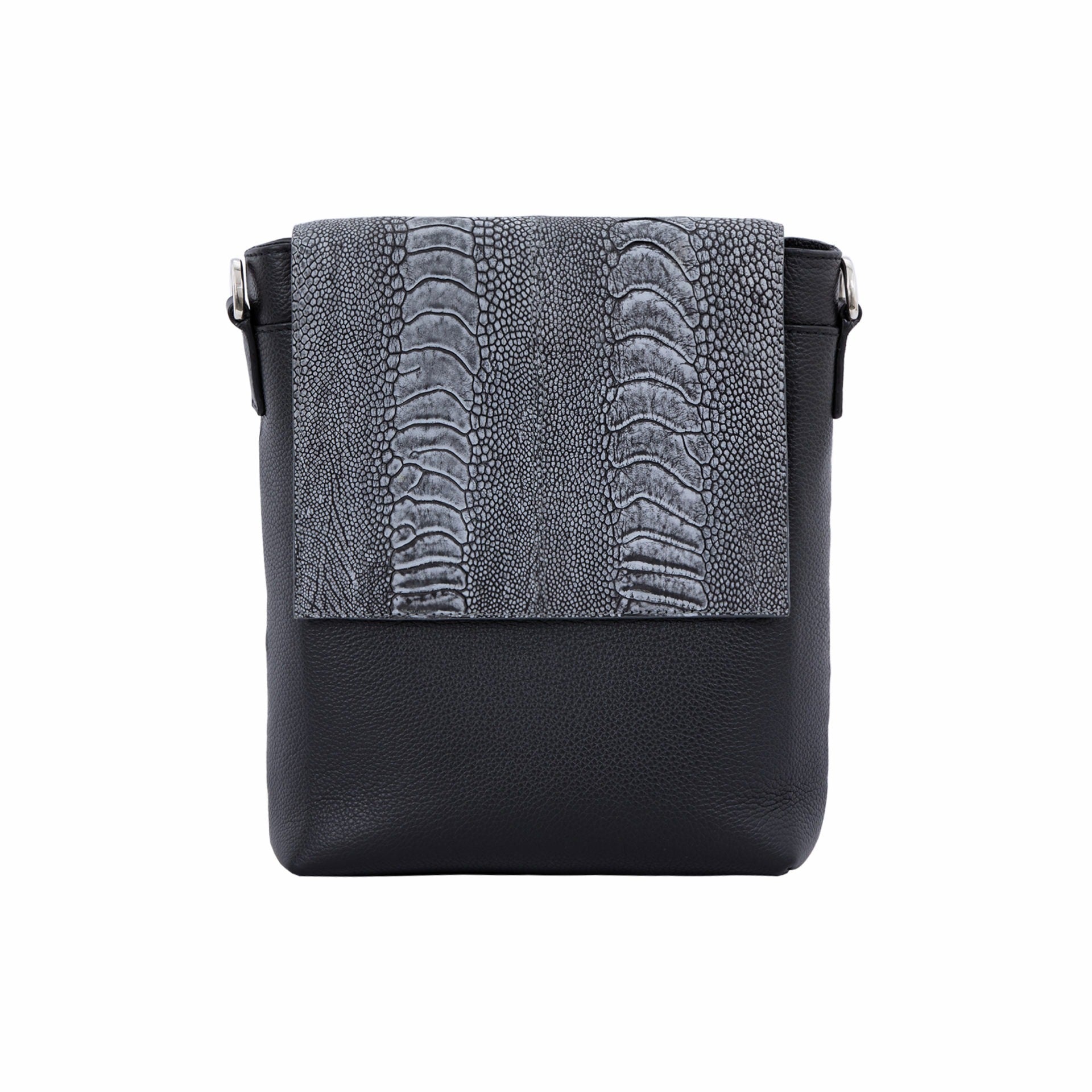 Black messenger bag with dark grey ostrich material on a white background