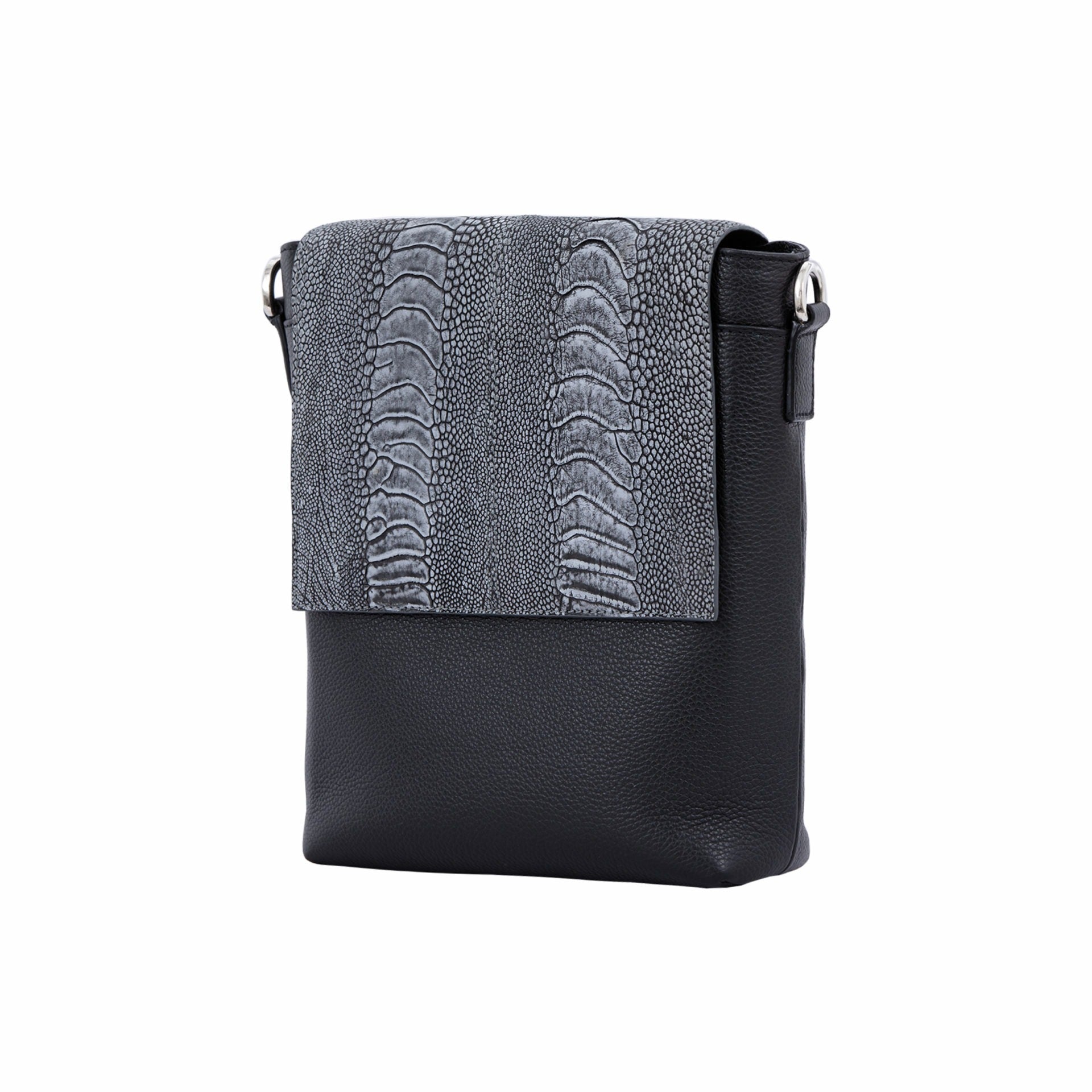 Black messenger bag with dark grey ostrich material on a white background