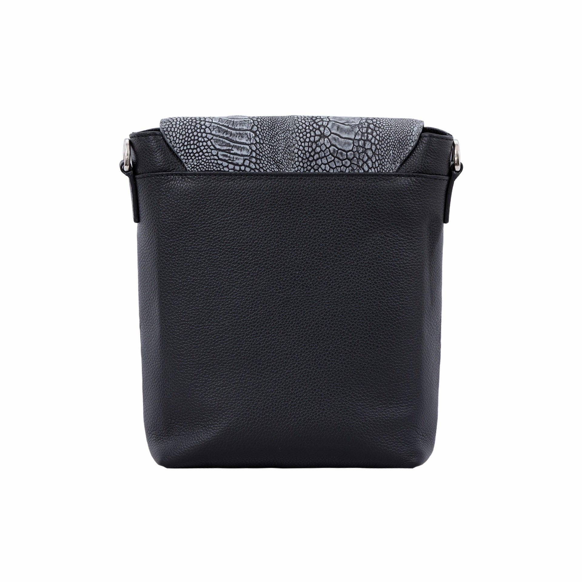 Back view of black messenger bag with dark grey ostrich material on a white background