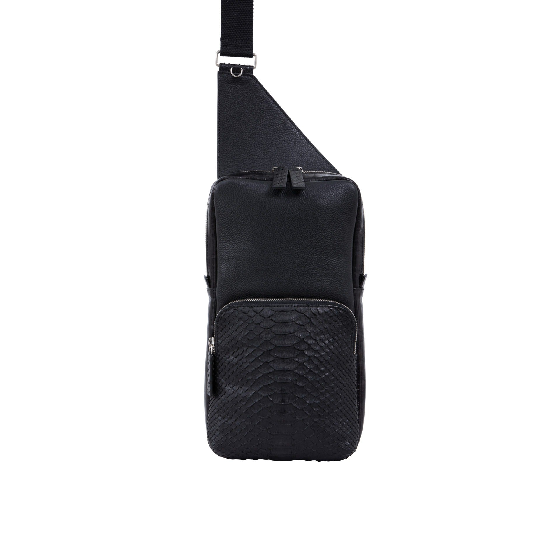 Front of a black python textured chest bag on a white background