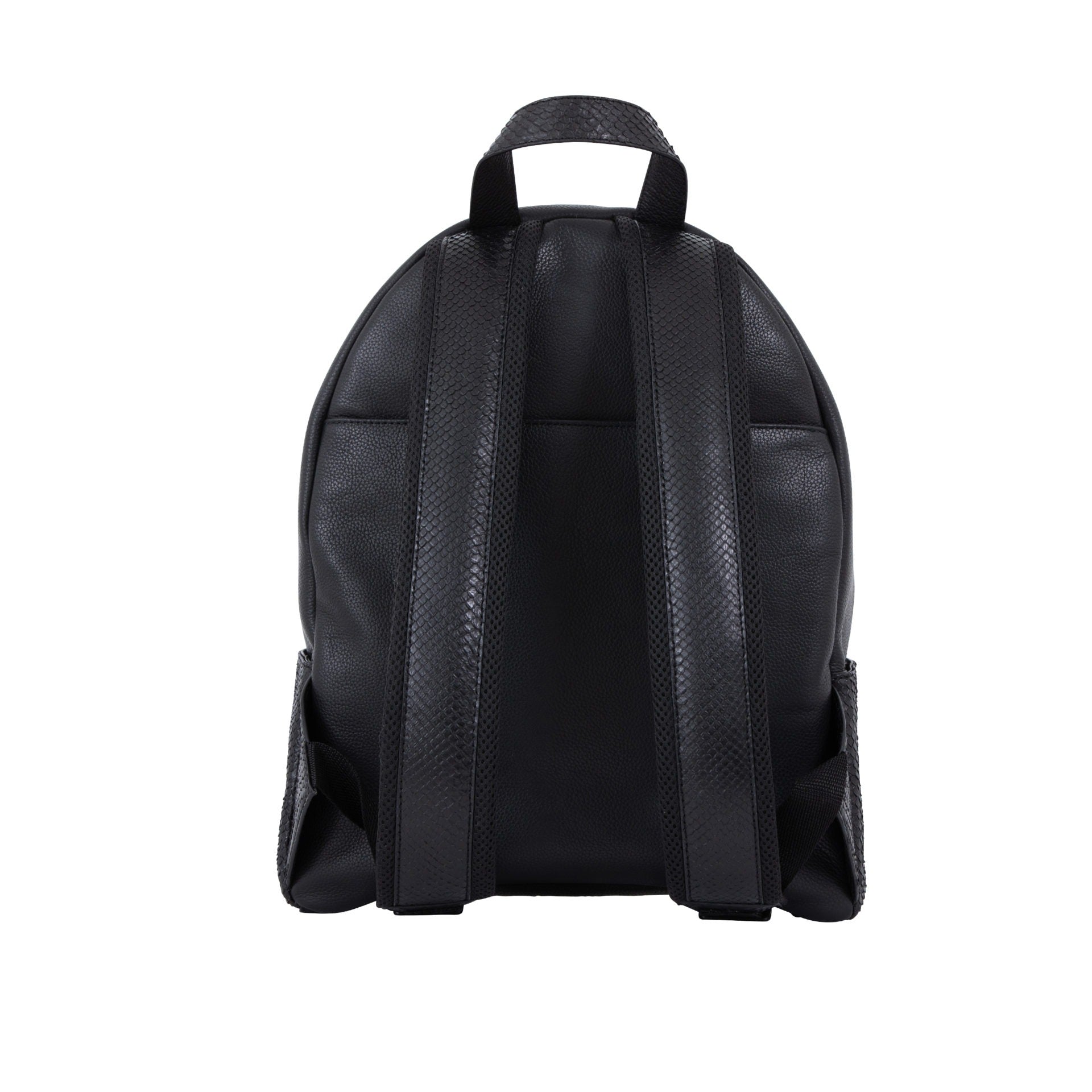 Back of a black python textured backpack on a white background
