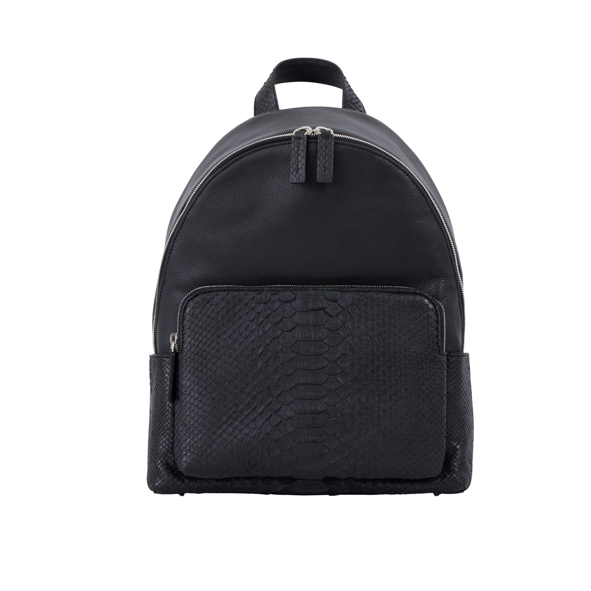 Front of a black python textured backpack on a white background