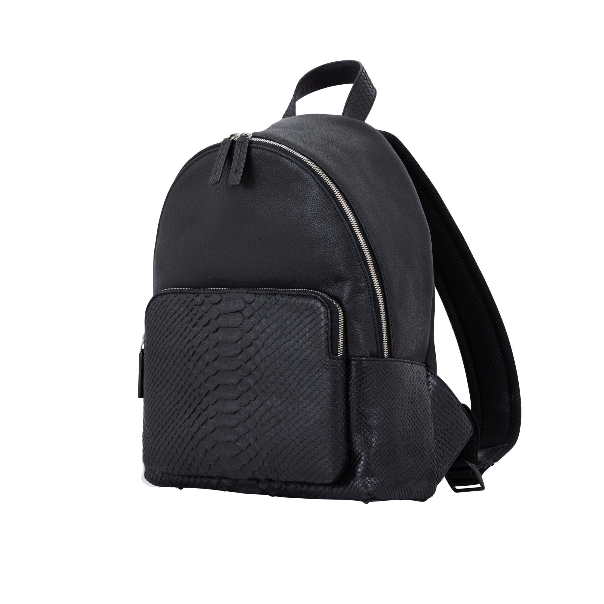 Black python textured backpack on a white background
