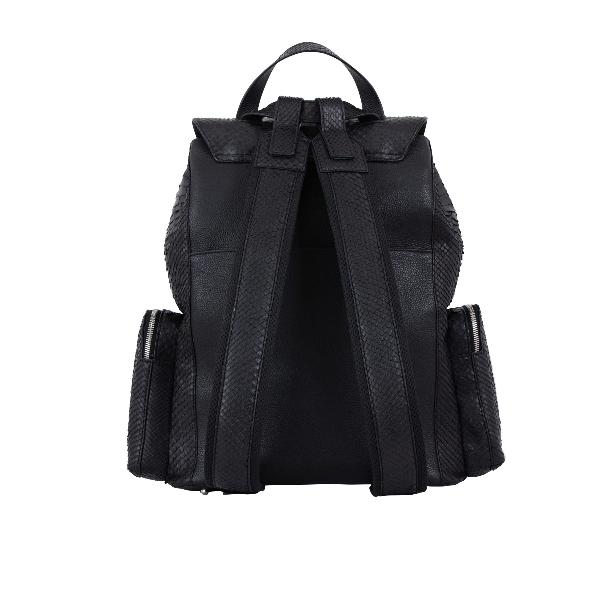 Back of a black python textured backpack on a white background