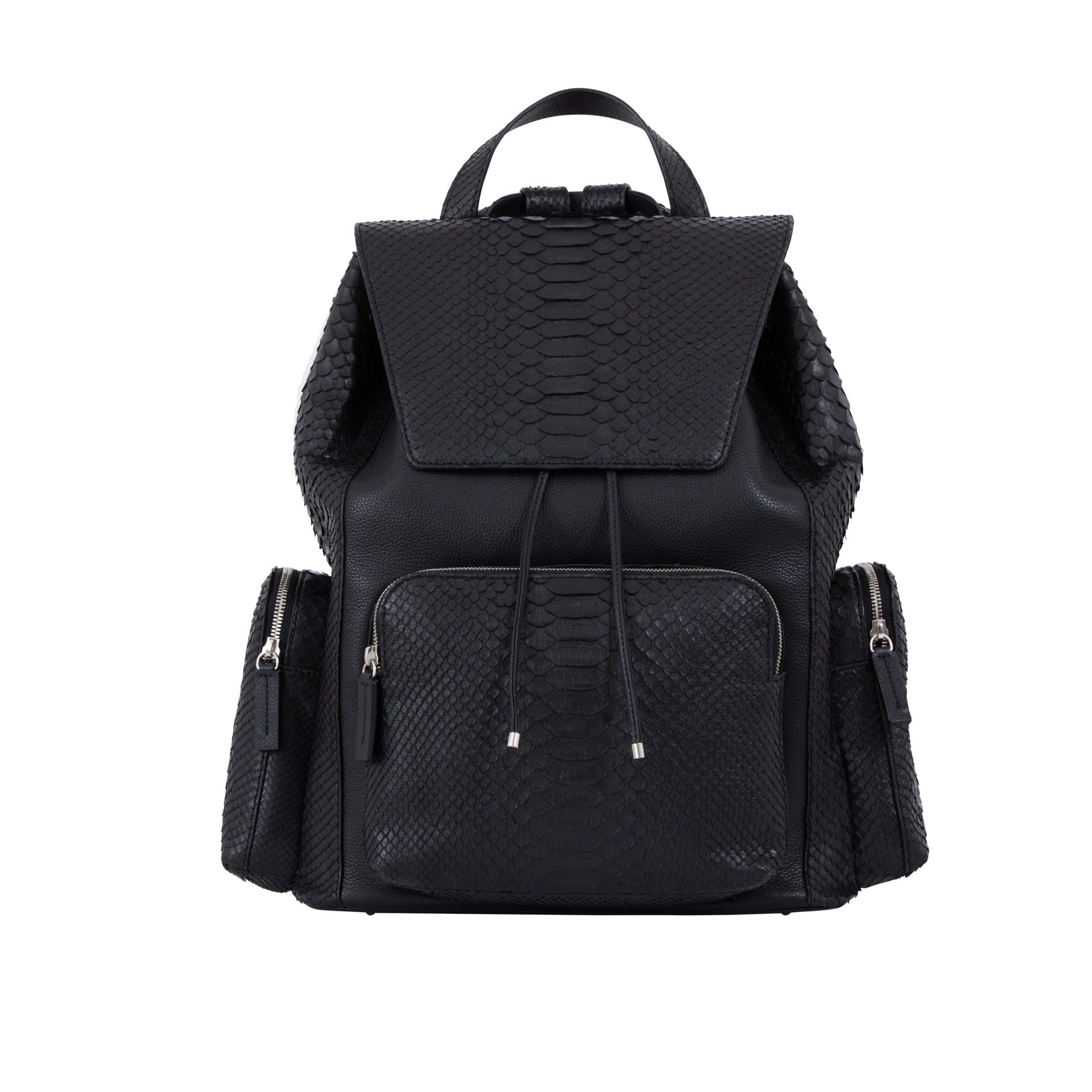 Front of a black python textured backpack on a white background