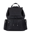 Front of a black python textured backpack on a white background