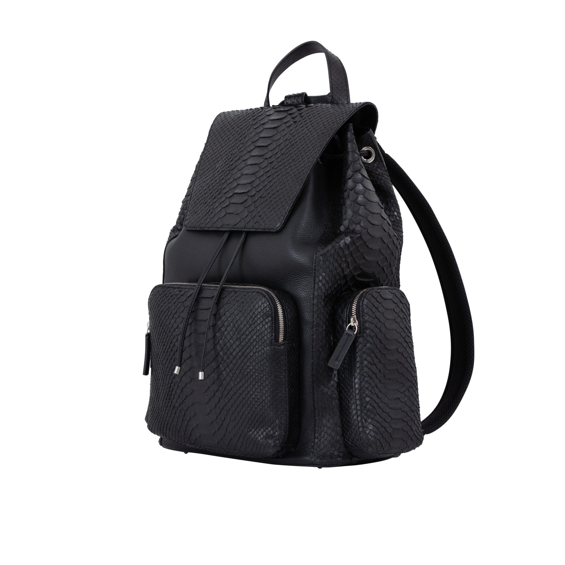 Side of a black python textured backpack on a white background